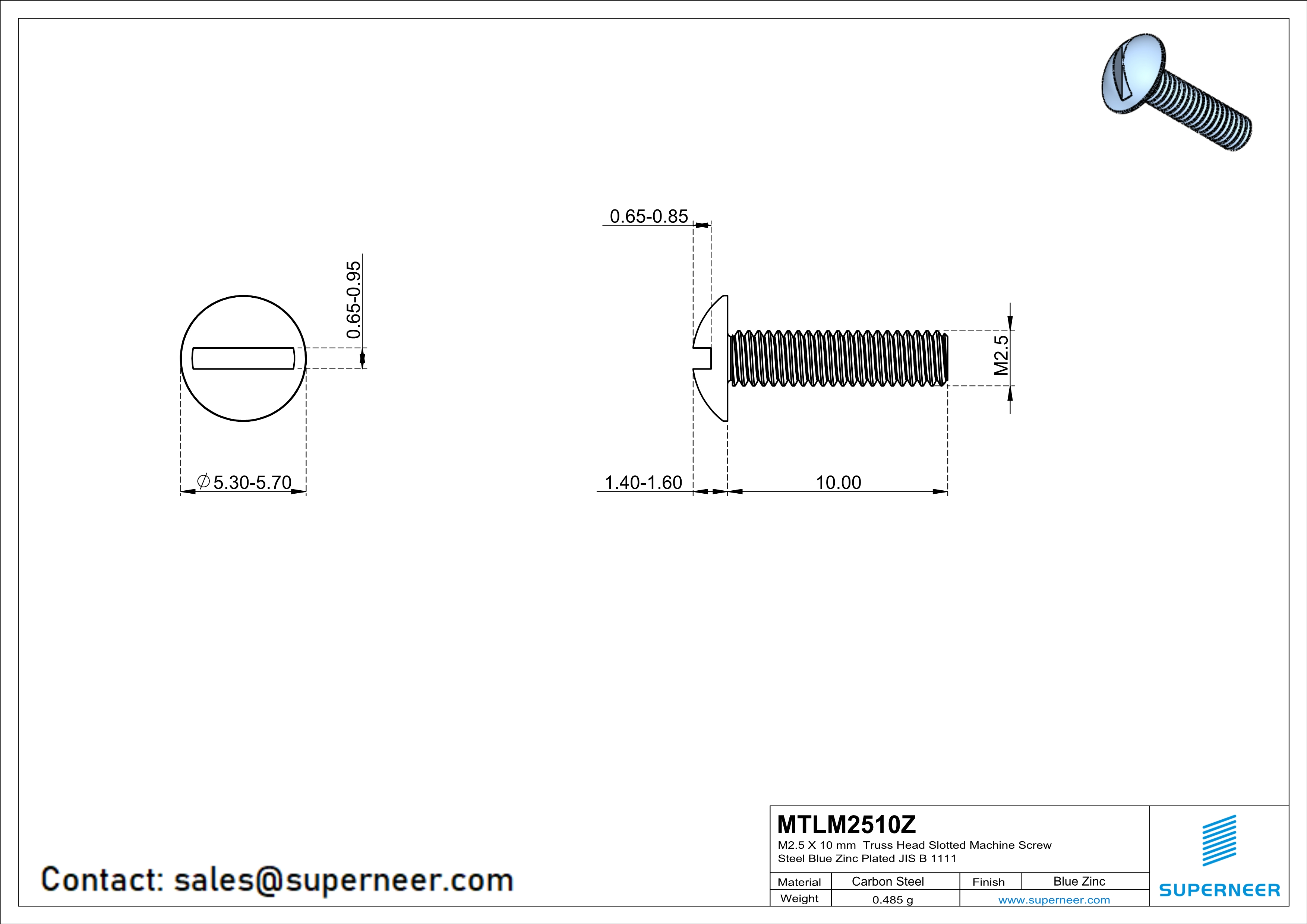 M2.5 x 10 mm Truss Head Slotted Machine Screw Steel Blue Zinc Plated JIS B 1111