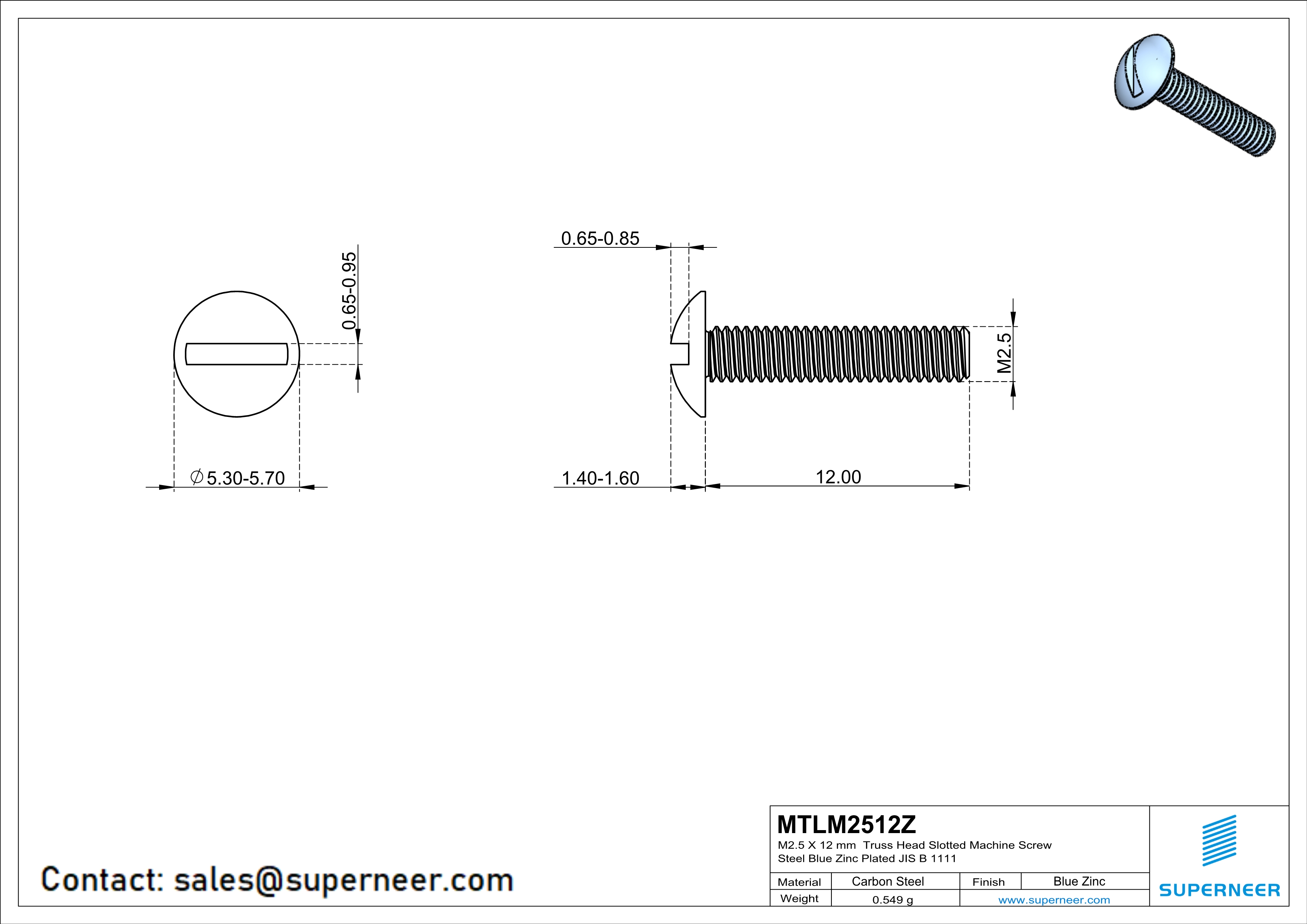 M2.5 x 12 mm Truss Head Slotted Machine Screw Steel Blue Zinc Plated JIS B 1111