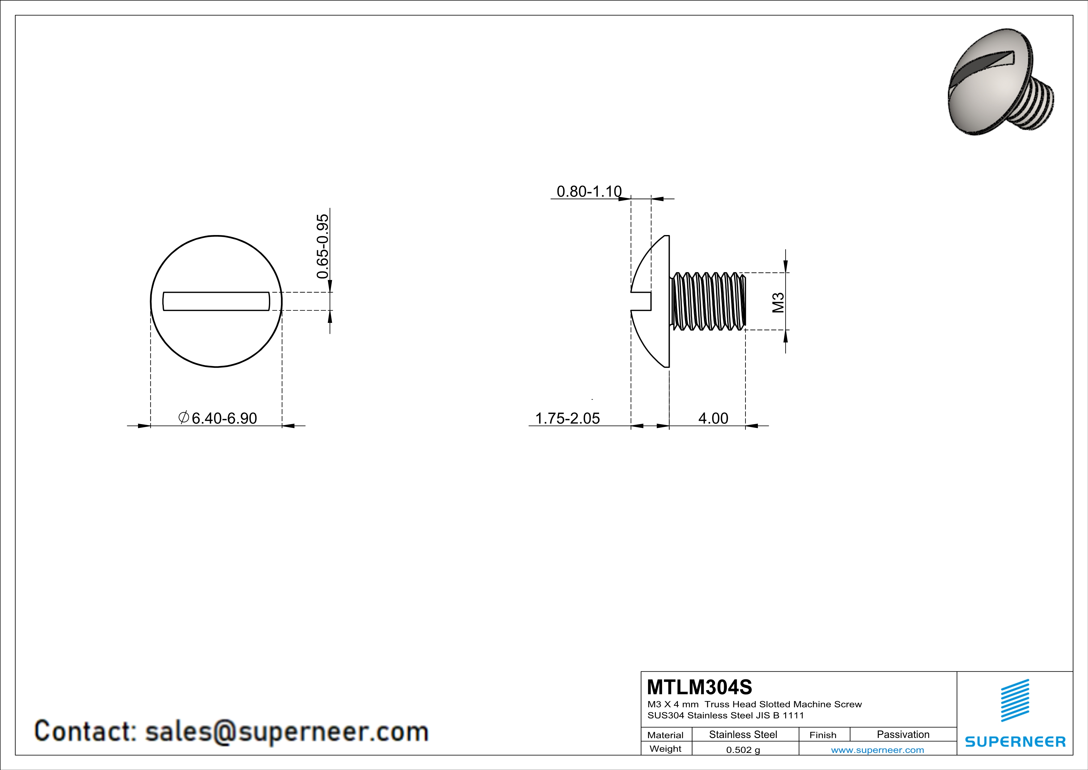 M3 x 4 mm  Truss Head Slotted Machine Screw SUS304 Stainless Steel Inox JIS B 1111