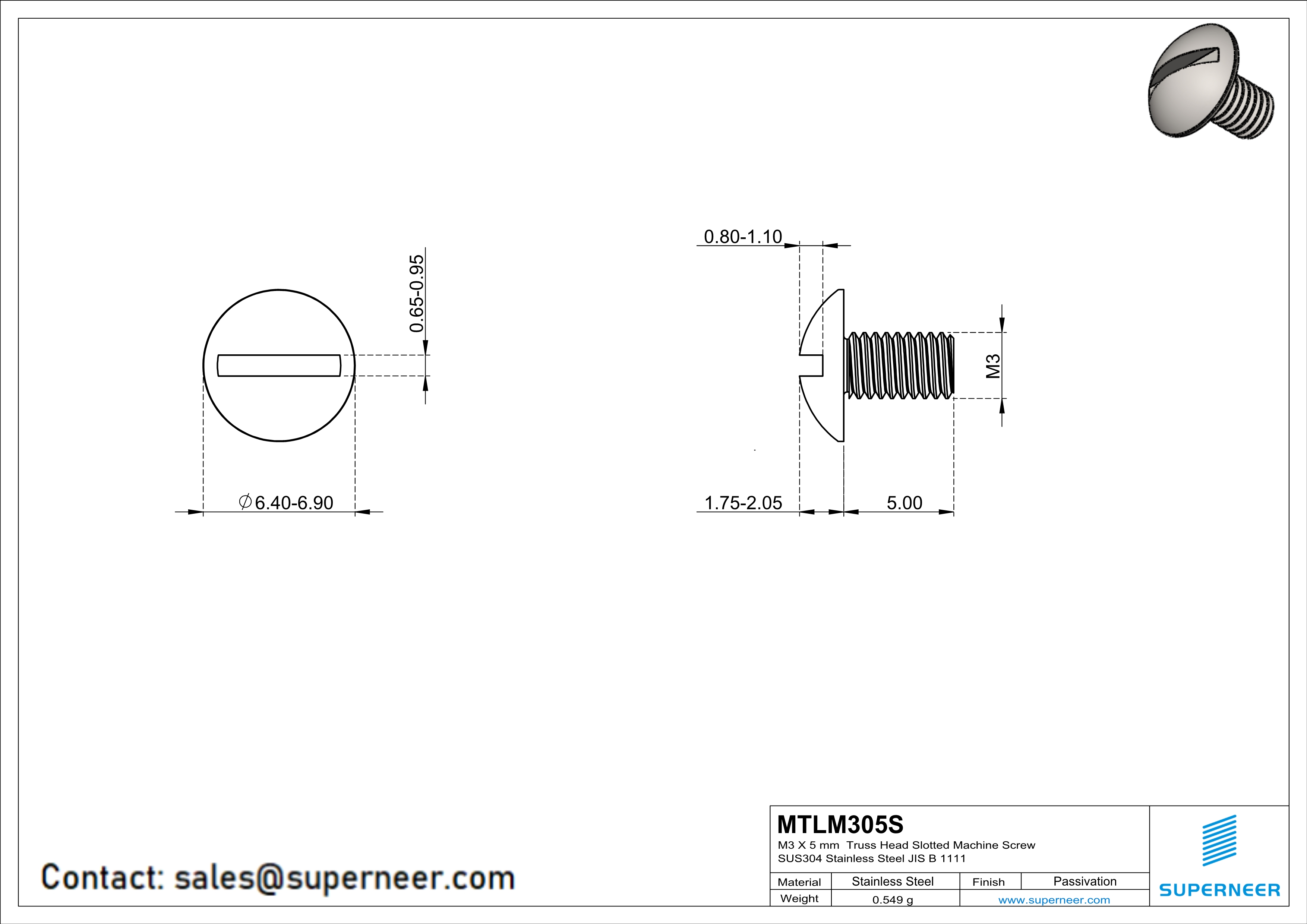 M3 x 5 mm  Truss Head Slotted Machine Screw SUS304 Stainless Steel Inox JIS B 1111