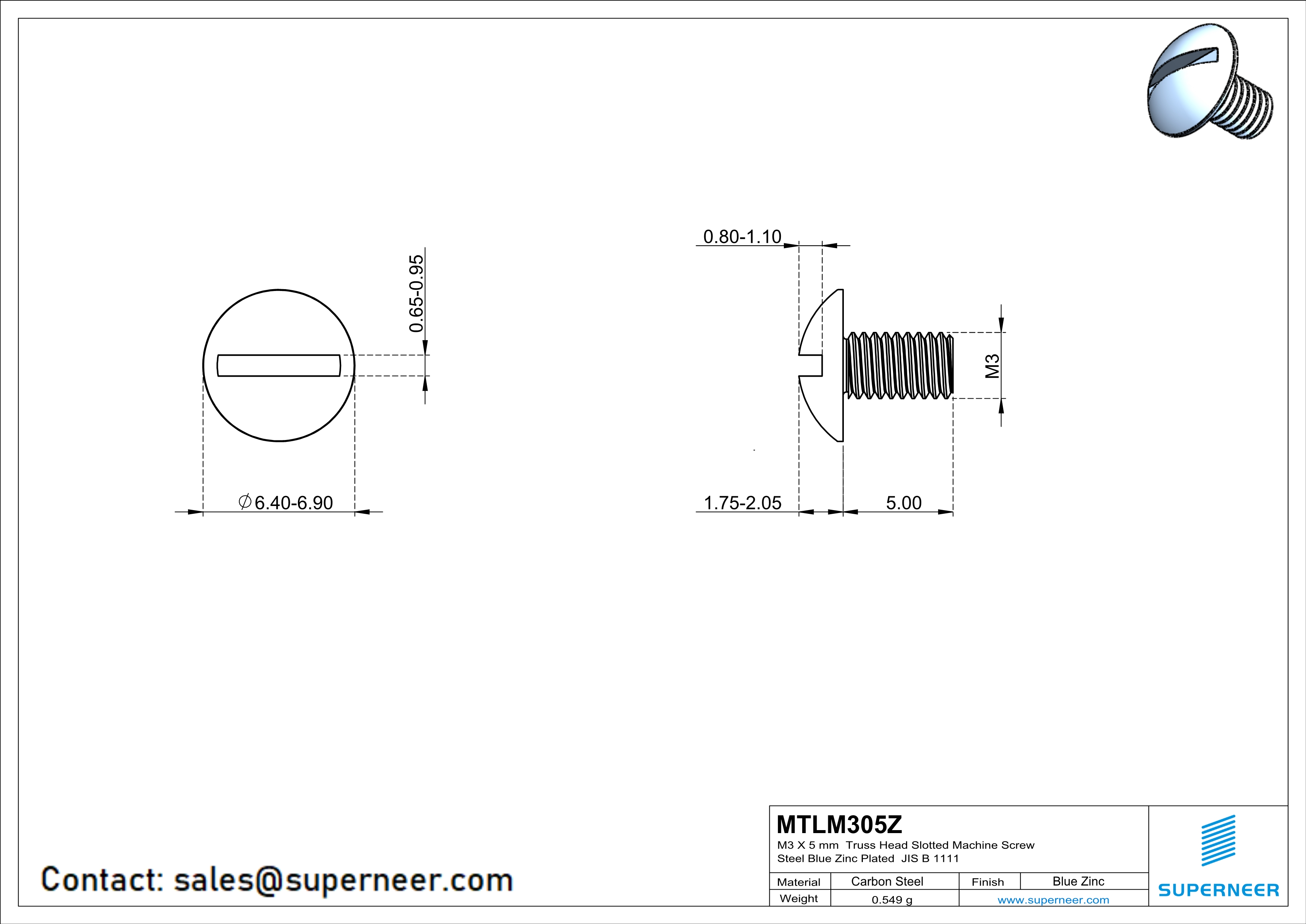 M3 x 5 mm Truss Head Slotted Machine Screw Steel Blue Zinc Plated JIS B 1111