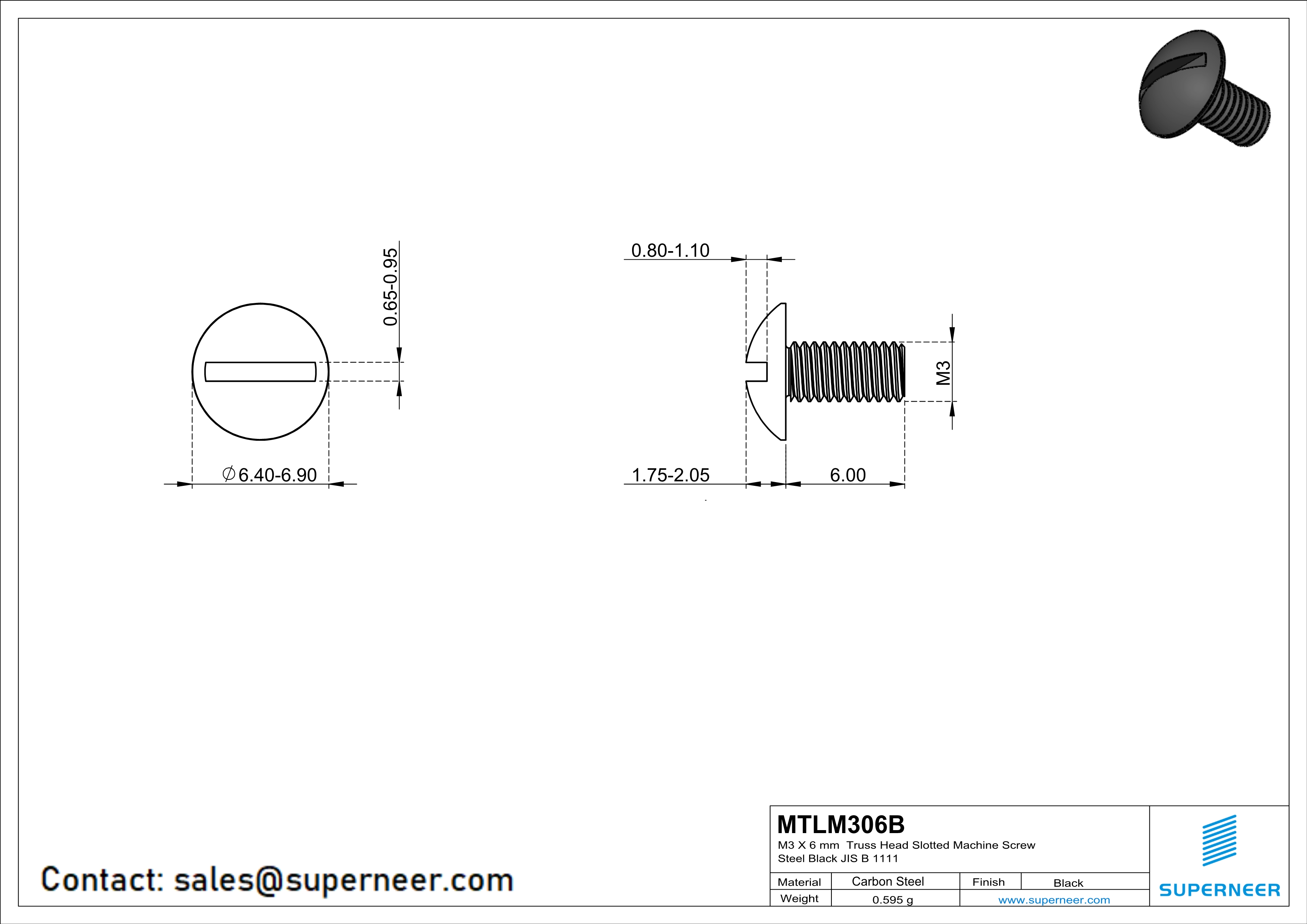 M3 x 6 mm Truss Head Slotted Machine Screw Steel Black JIS B 1111