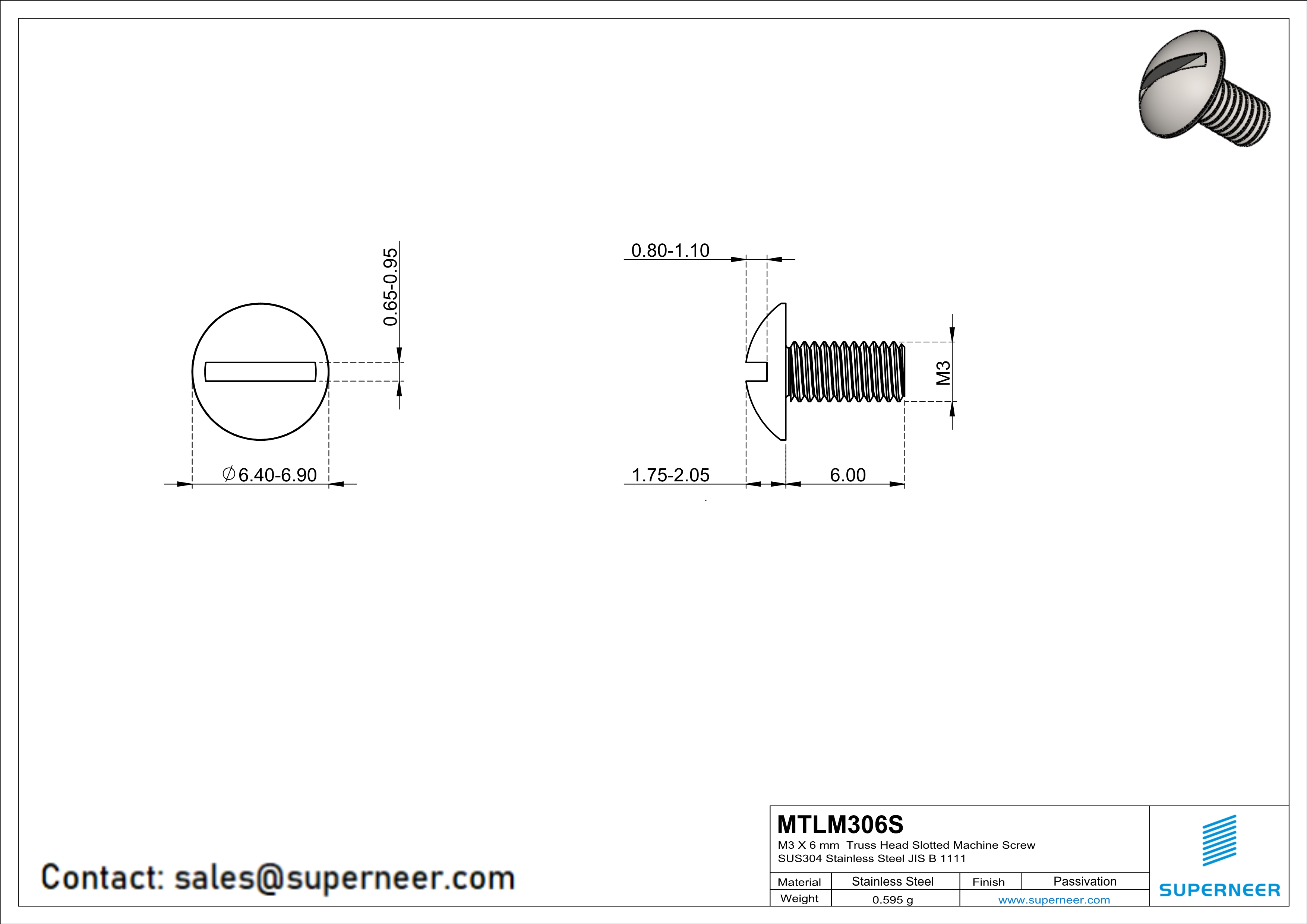 M3 x 6 mm  Truss Head Slotted Machine Screw SUS304 Stainless Steel Inox JIS B 1111