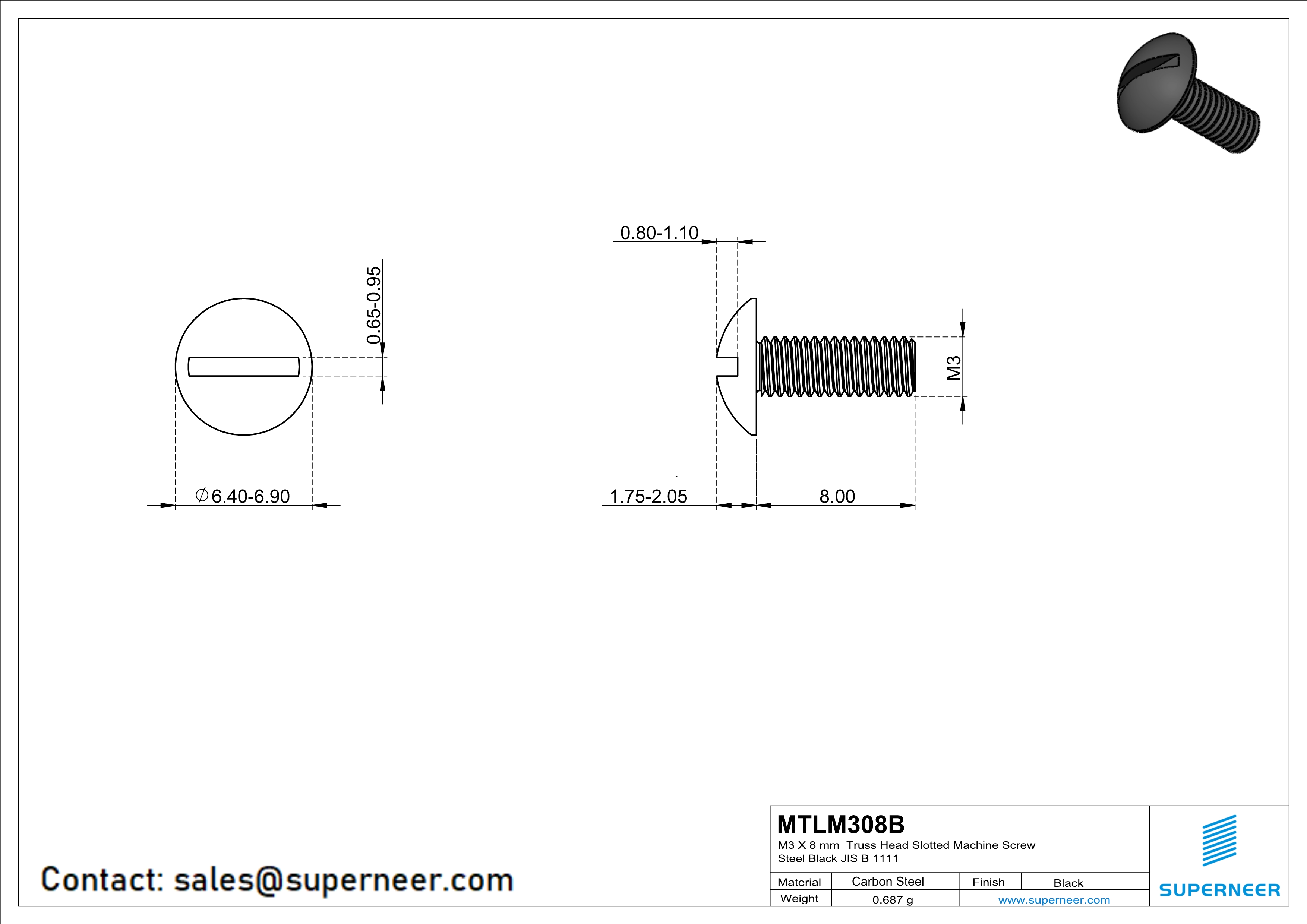 M3 x 8 mm Truss Head Slotted Machine Screw Steel Black JIS B 1111