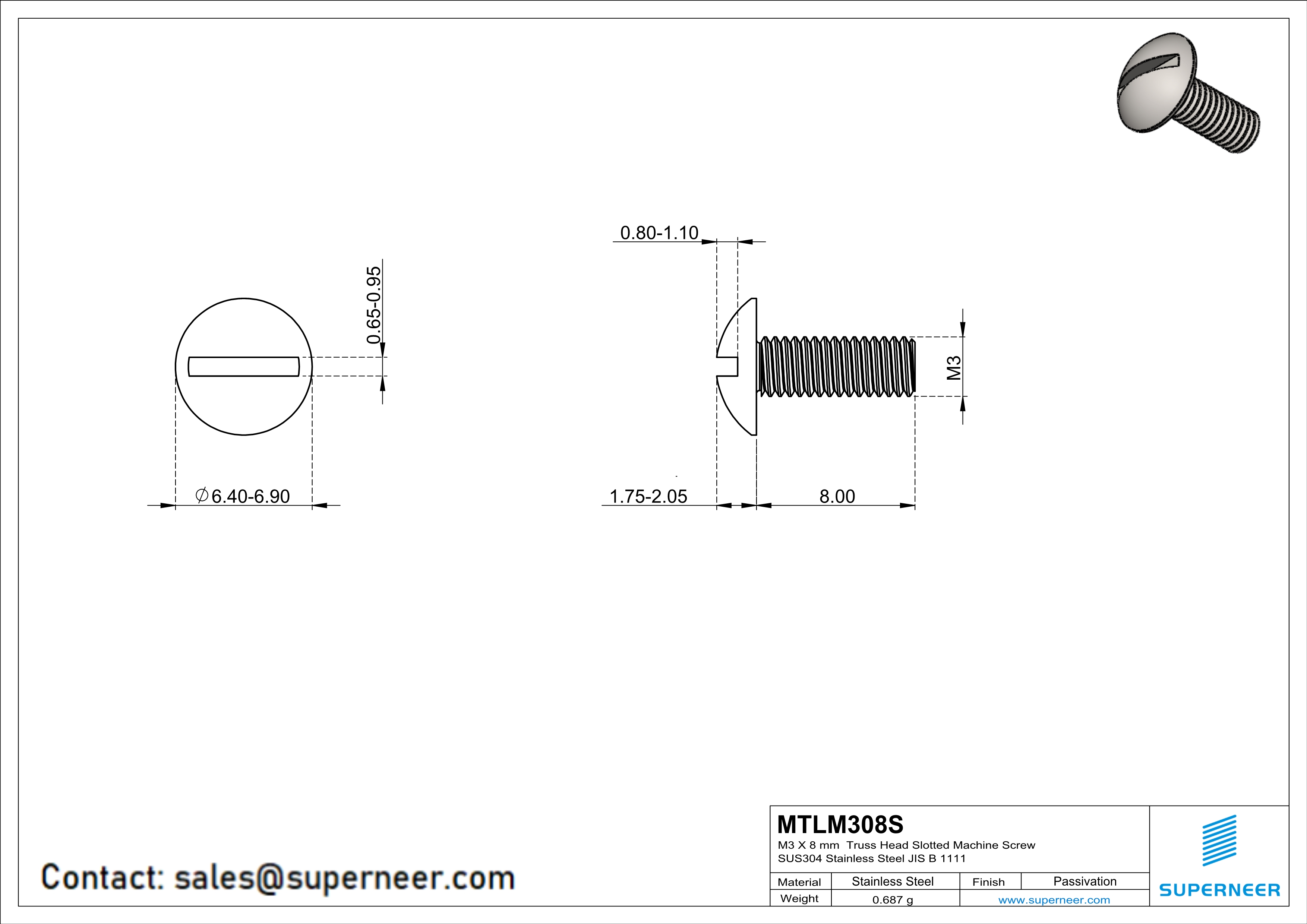 M3 x 8 mm  Truss Head Slotted Machine Screw SUS304 Stainless Steel Inox JIS B 1111