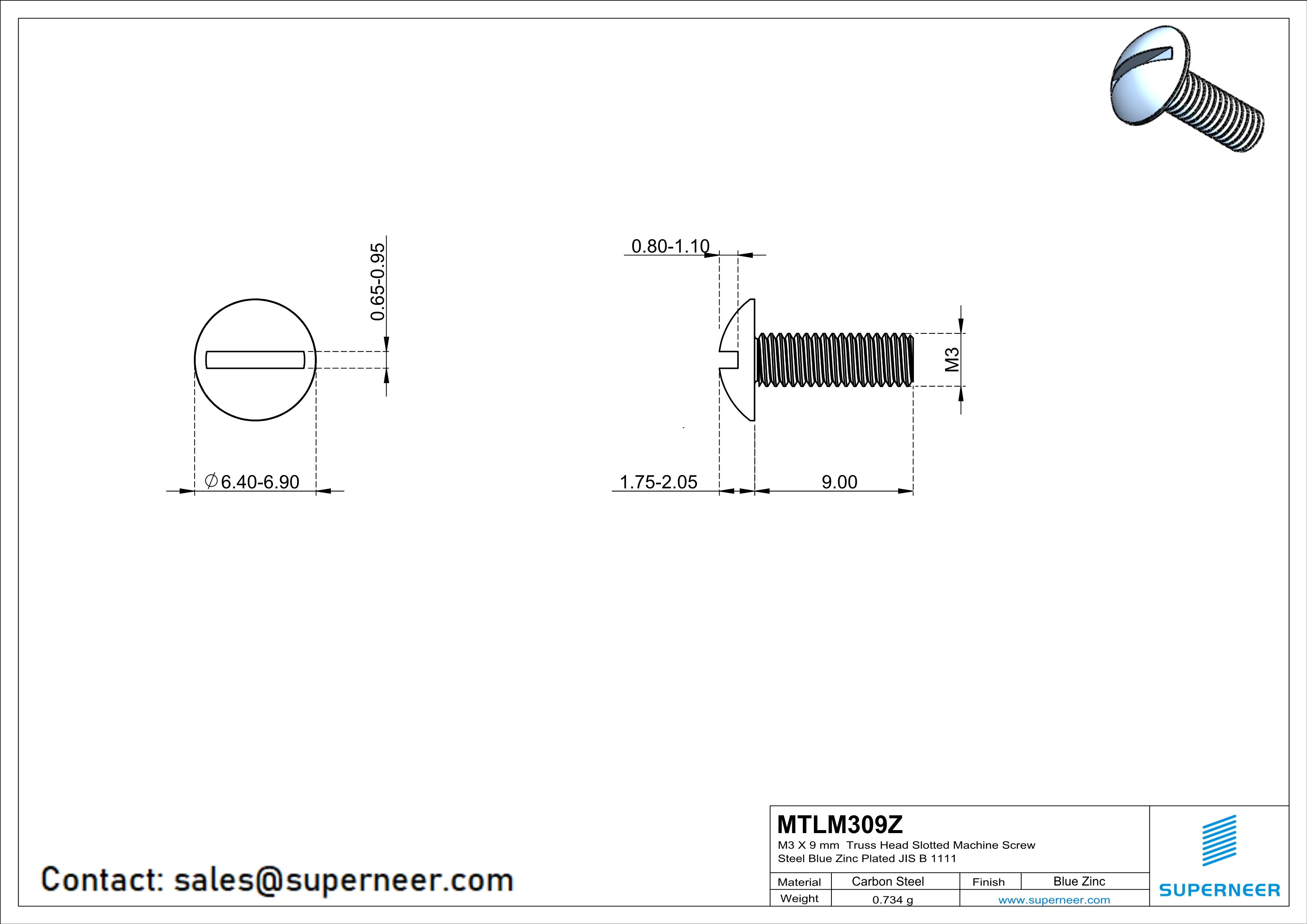 M3 x 9 mm Truss Head Slotted Machine Screw Steel Blue Zinc Plated JIS B 1111