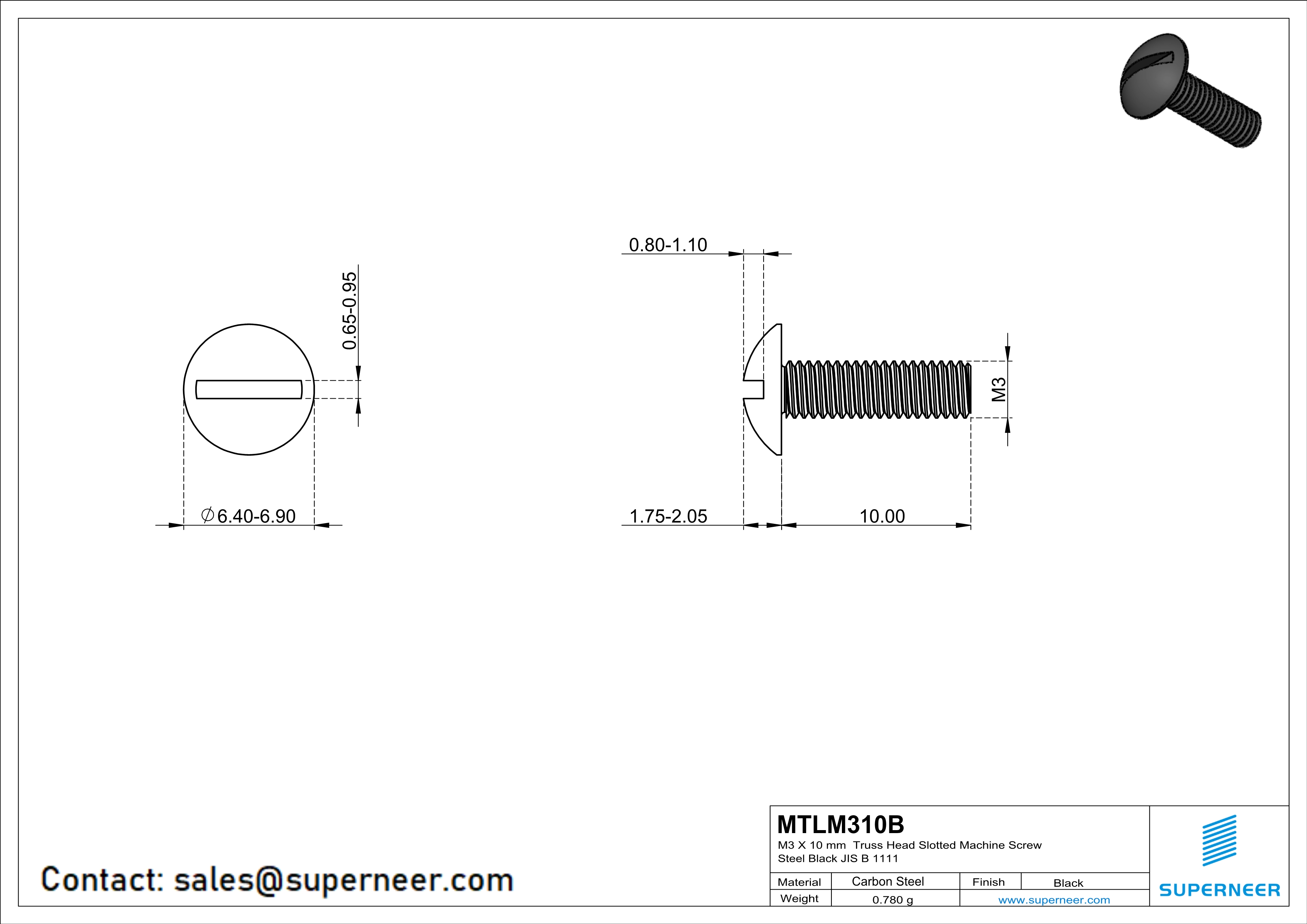 M3 x 10 mm Truss Head Slotted Machine Screw Steel Black JIS B 1111