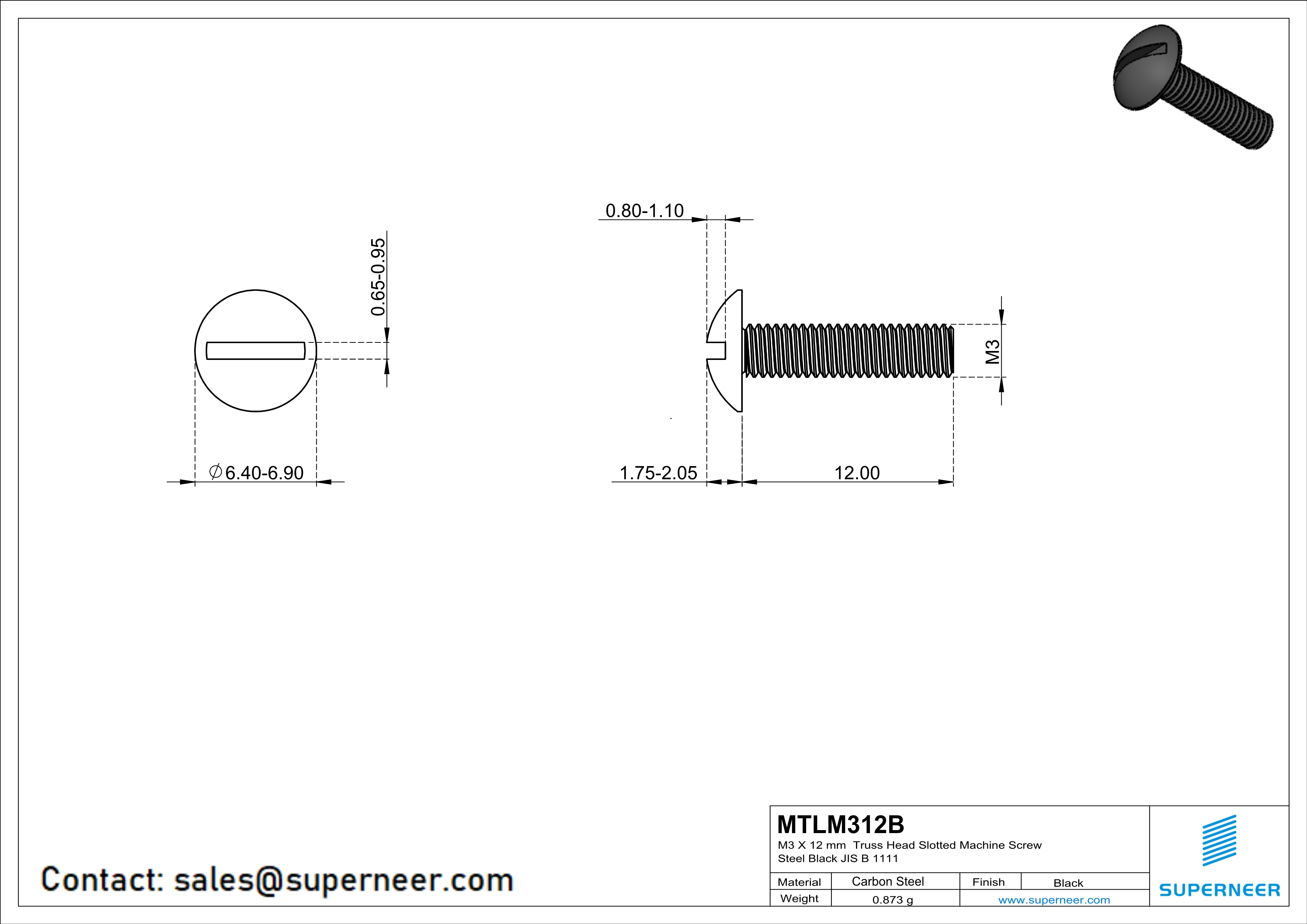 M3 x 12 mm Truss Head Slotted Machine Screw Steel Black JIS B 1111