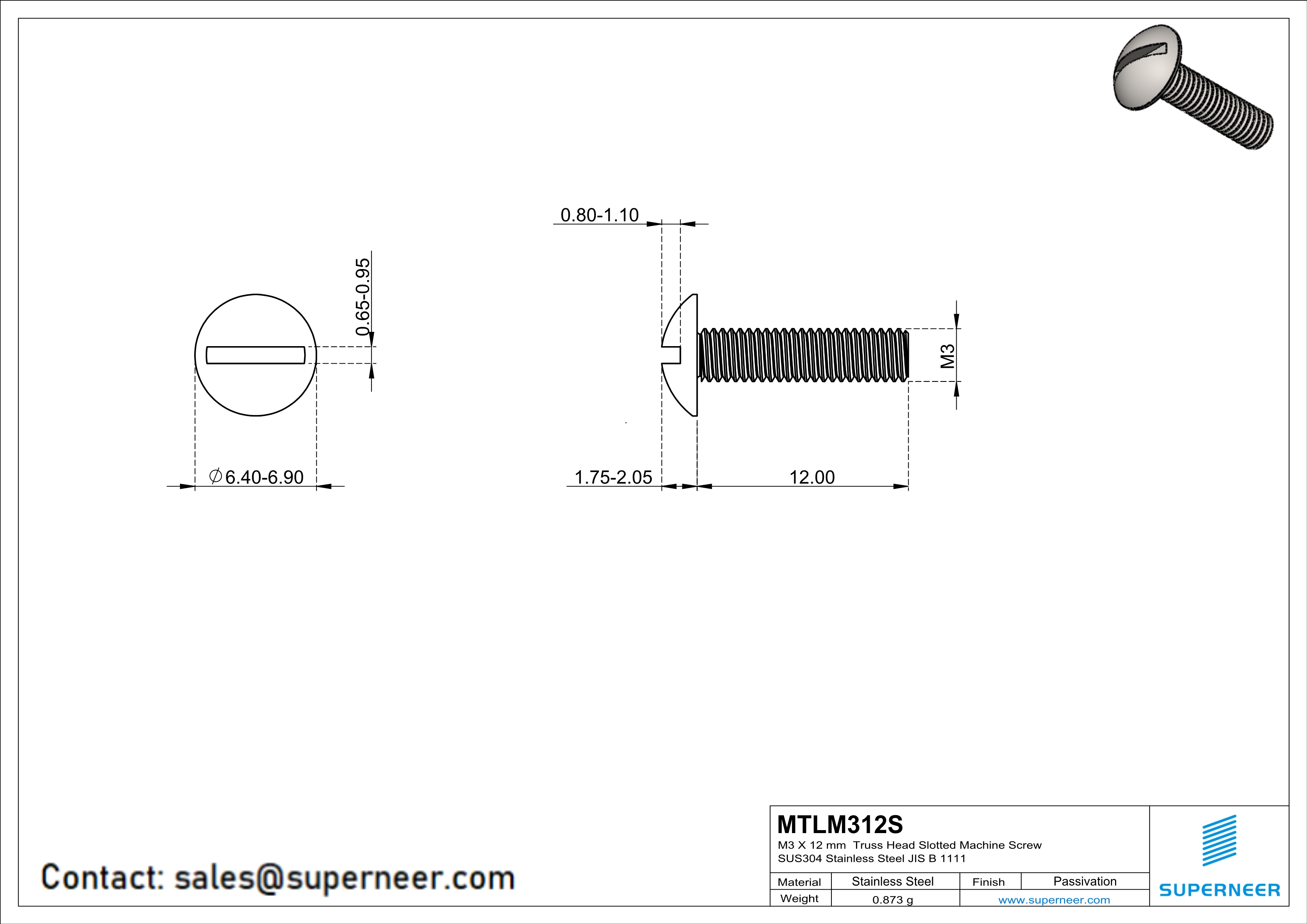 M3 x 12 mm  Truss Head Slotted Machine Screw SUS304 Stainless Steel Inox JIS B 1111