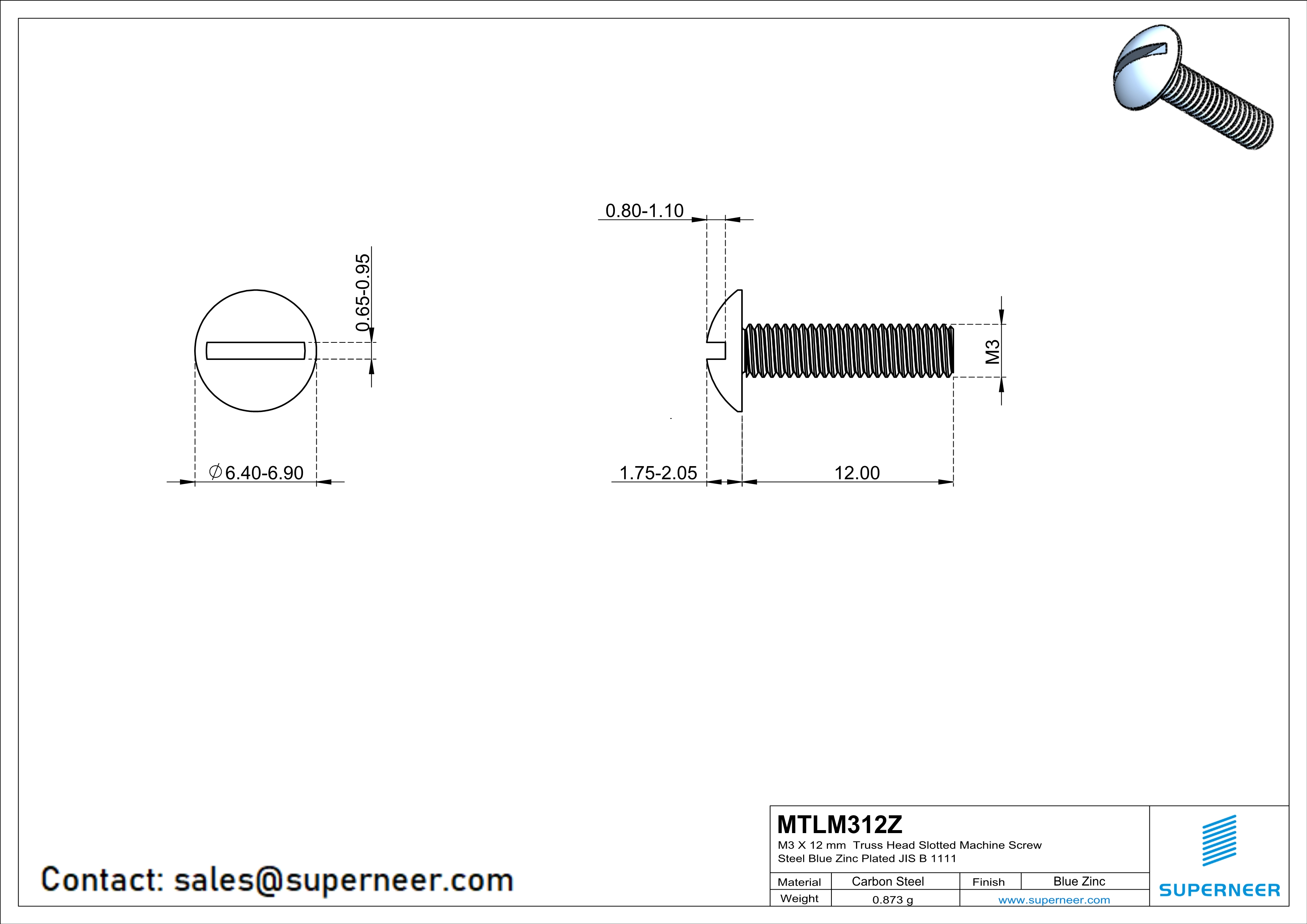 M3 x 12 mm Truss Head Slotted Machine Screw Steel Blue Zinc Plated JIS B 1111