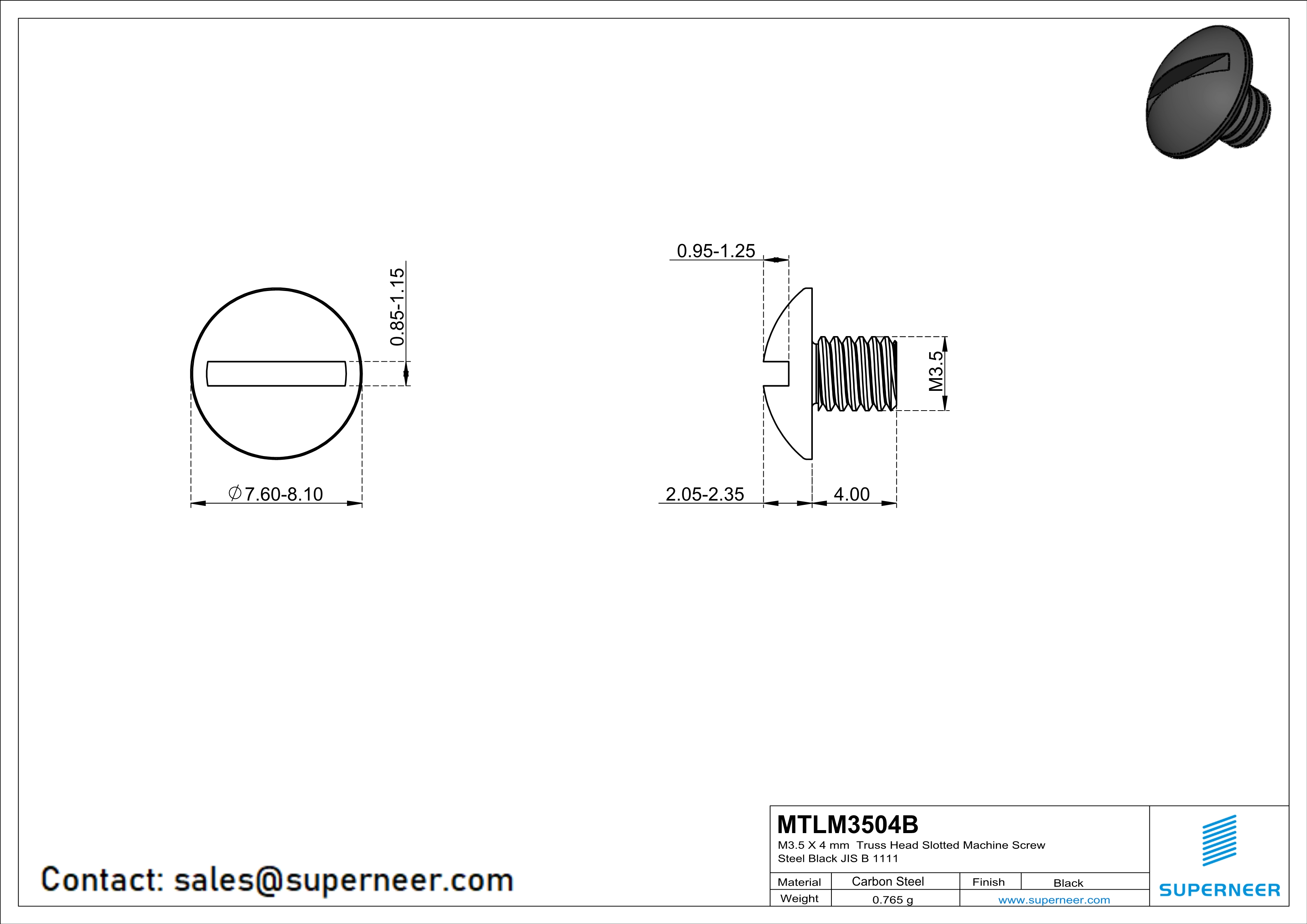 M3.5 x 4 mm Truss Head Slotted Machine Screw Steel Black JIS B 1111