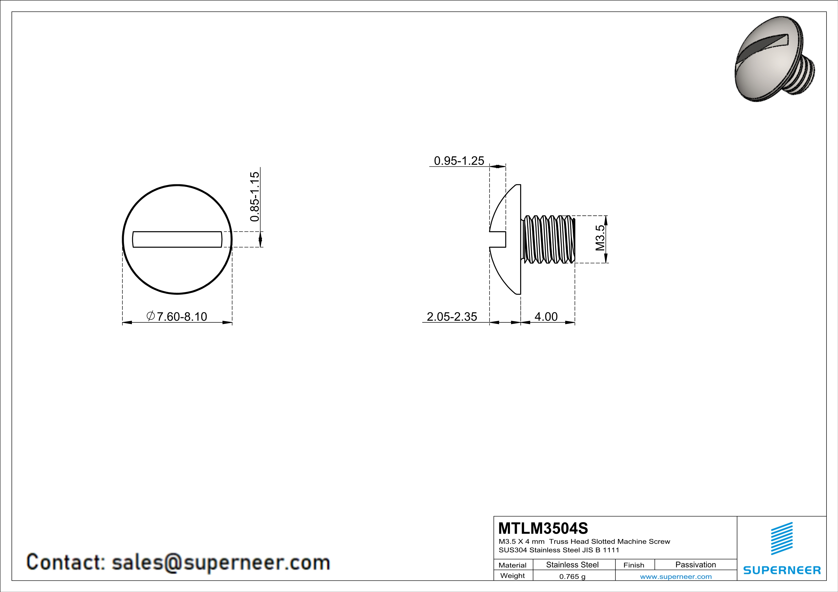 M3.5 x 4 mm  Truss Head Slotted Machine Screw SUS304 Stainless Steel Inox JIS B 1111