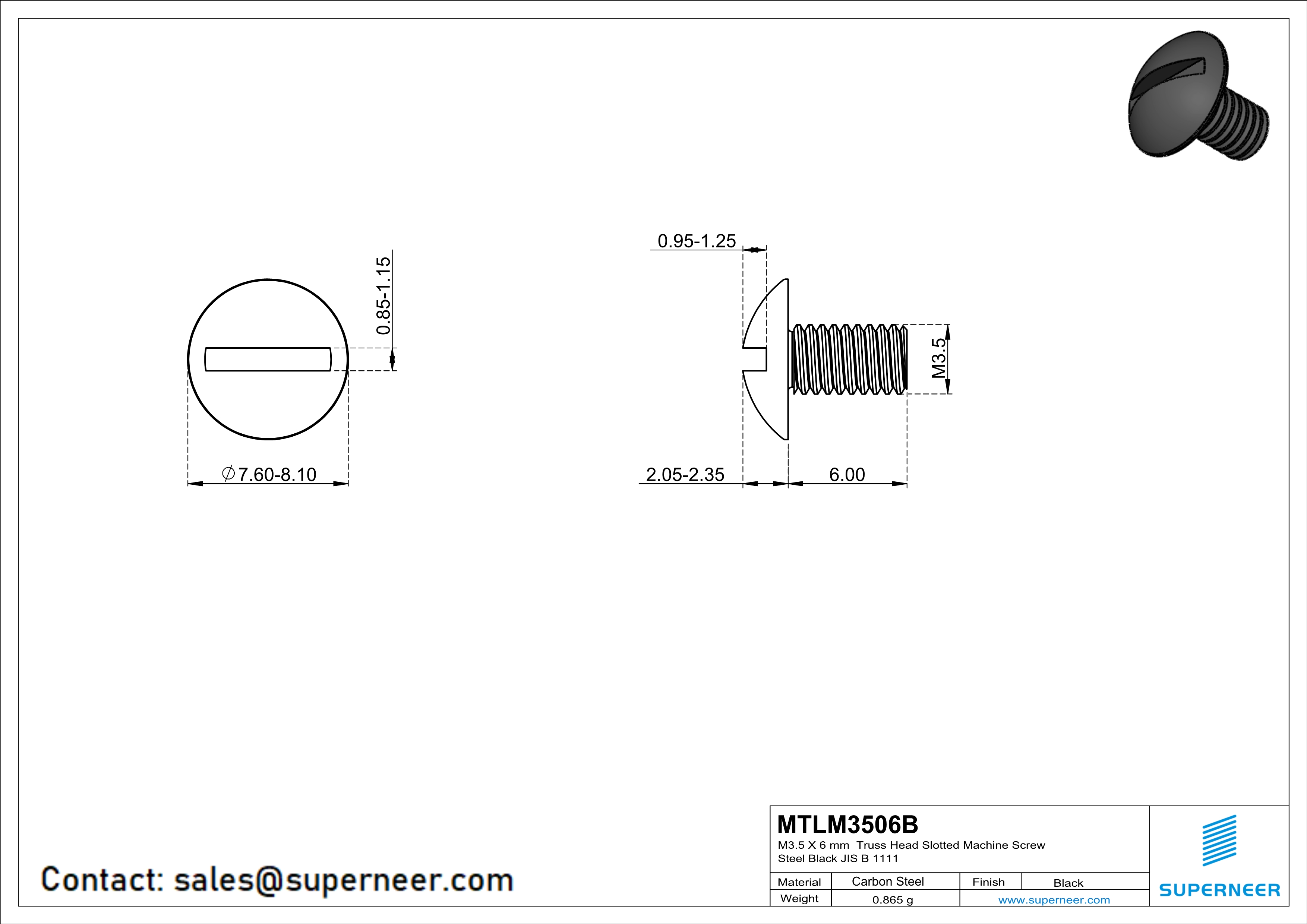 M3.5 x 6 mm Truss Head Slotted Machine Screw Steel Black JIS B 1111