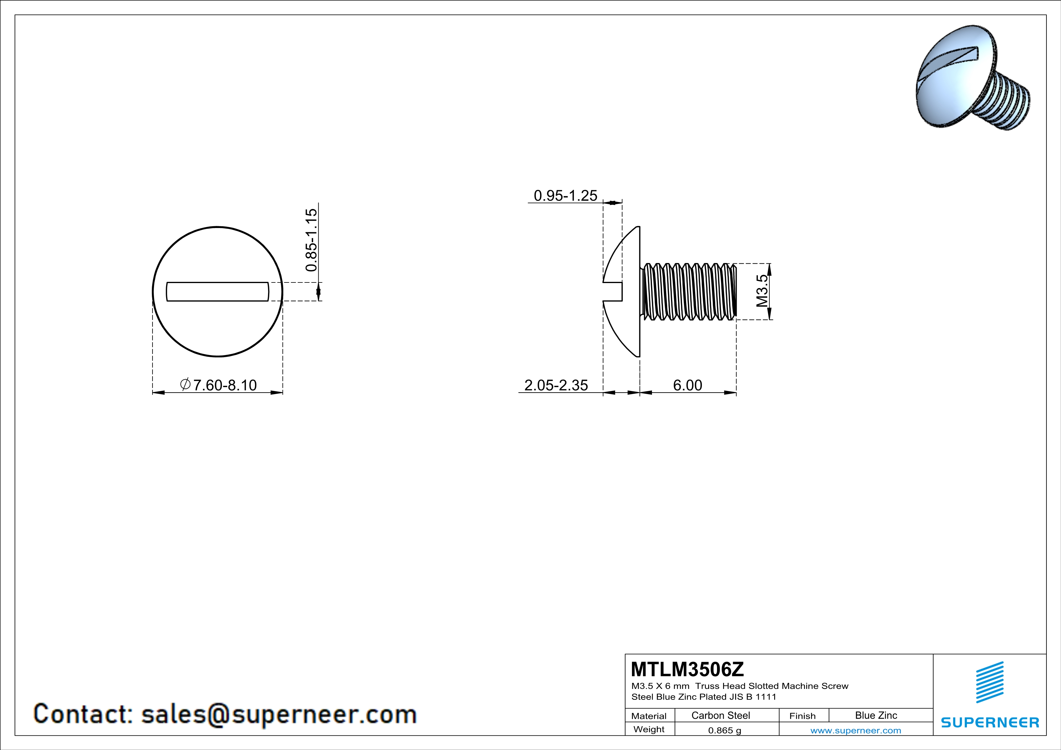 M3.5 x 6 mm Truss Head Slotted Machine Screw Steel Blue Zinc Plated JIS B 1111