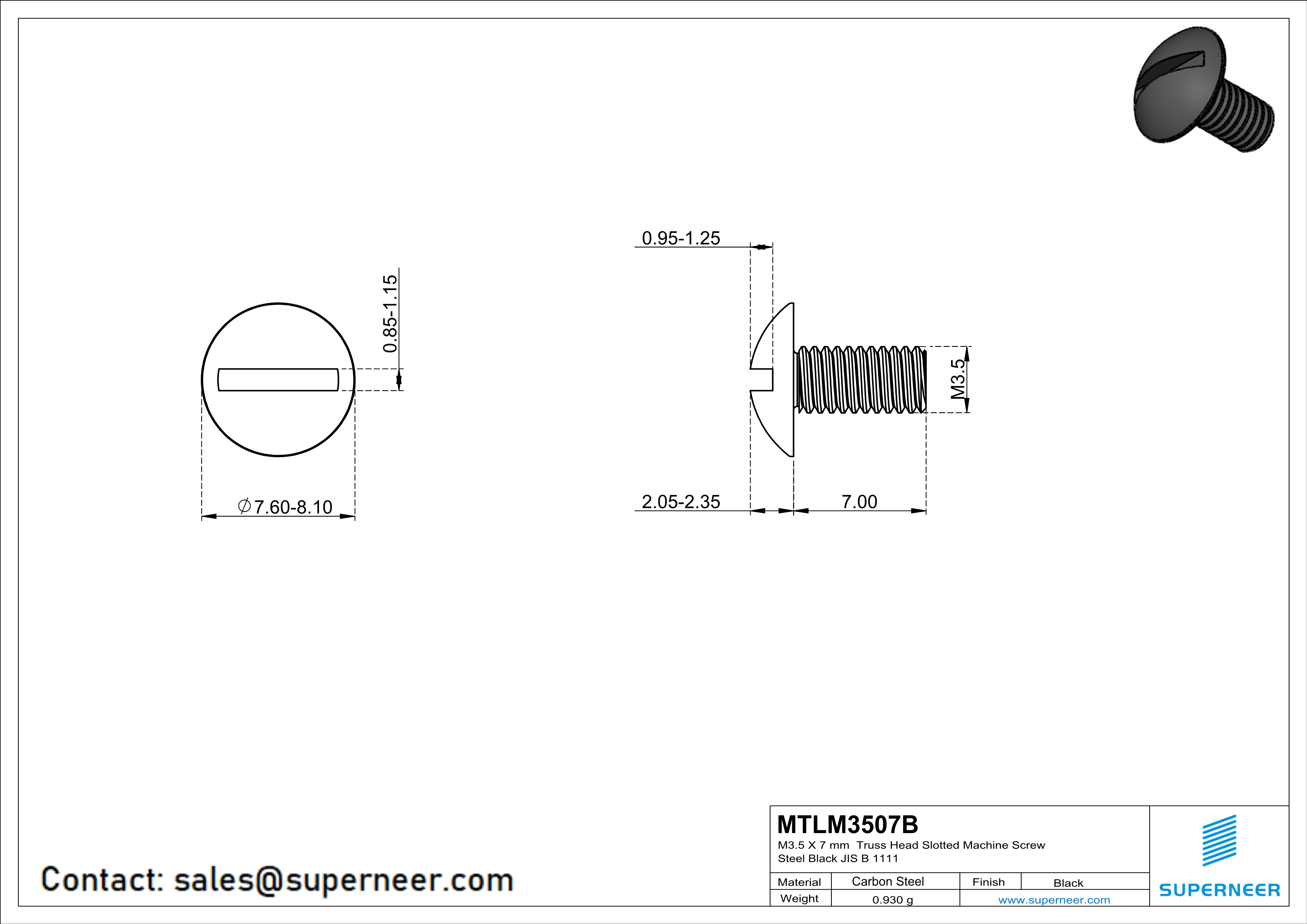 M3.5 x 7 mm Truss Head Slotted Machine Screw Steel Black JIS B 1111