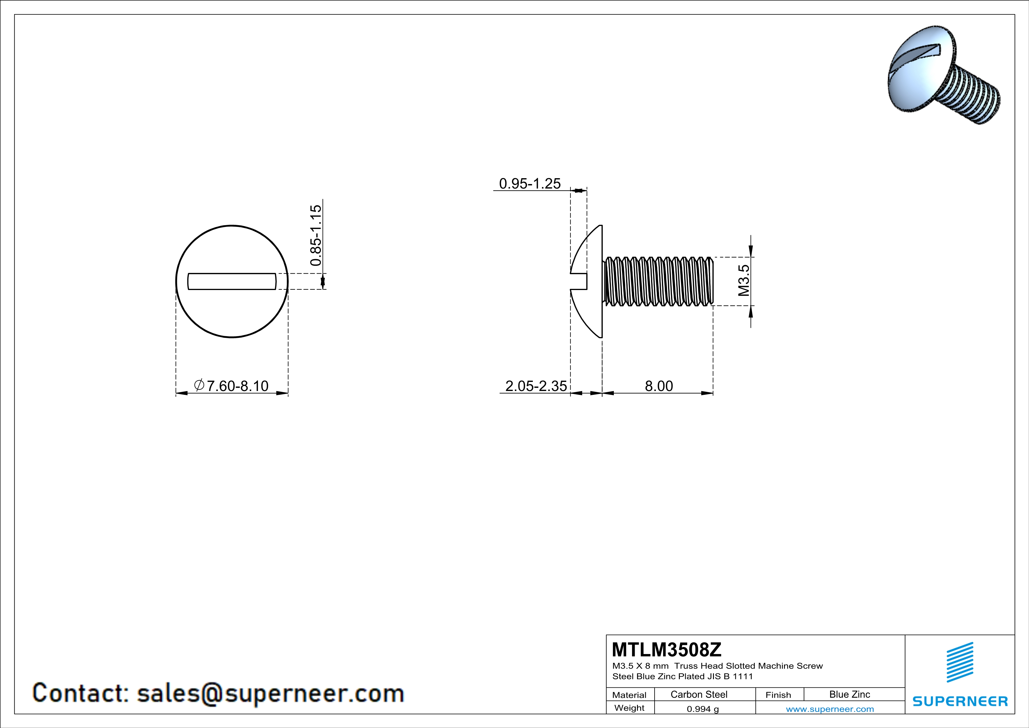 M3.5 x 8 mm Truss Head Slotted Machine Screw Steel Blue Zinc Plated JIS B 1111