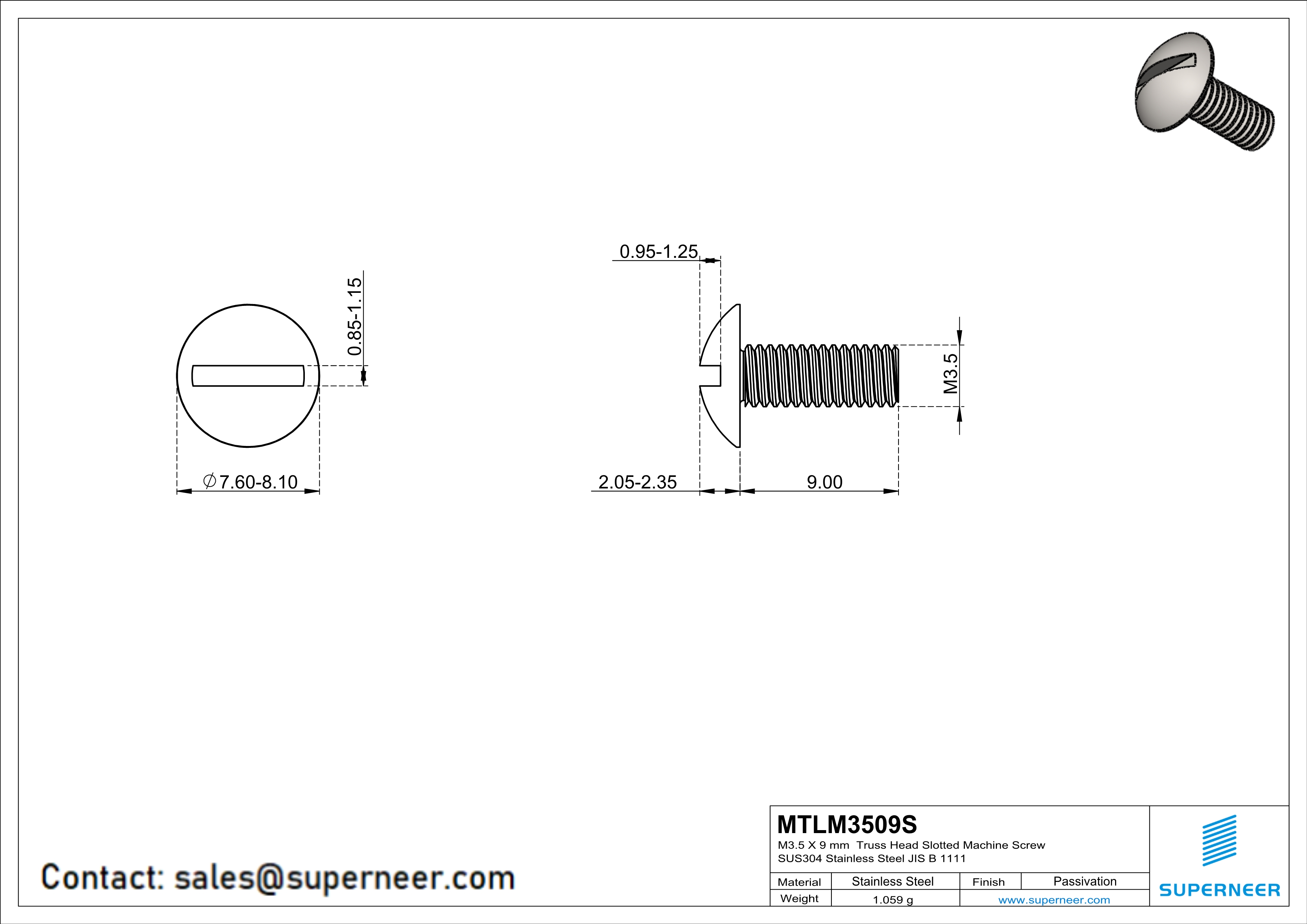 M3.5 x 9 mm  Truss Head Slotted Machine Screw SUS304 Stainless Steel Inox JIS B 1111