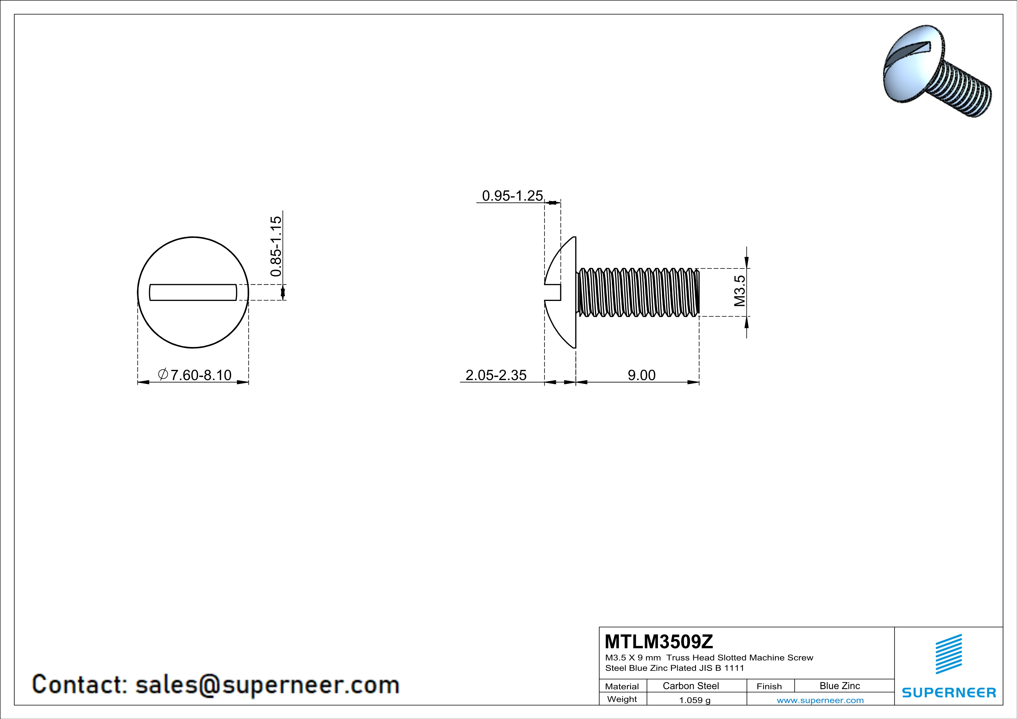 M3.5 x 9 mm Truss Head Slotted Machine Screw Steel Blue Zinc Plated JIS B 1111