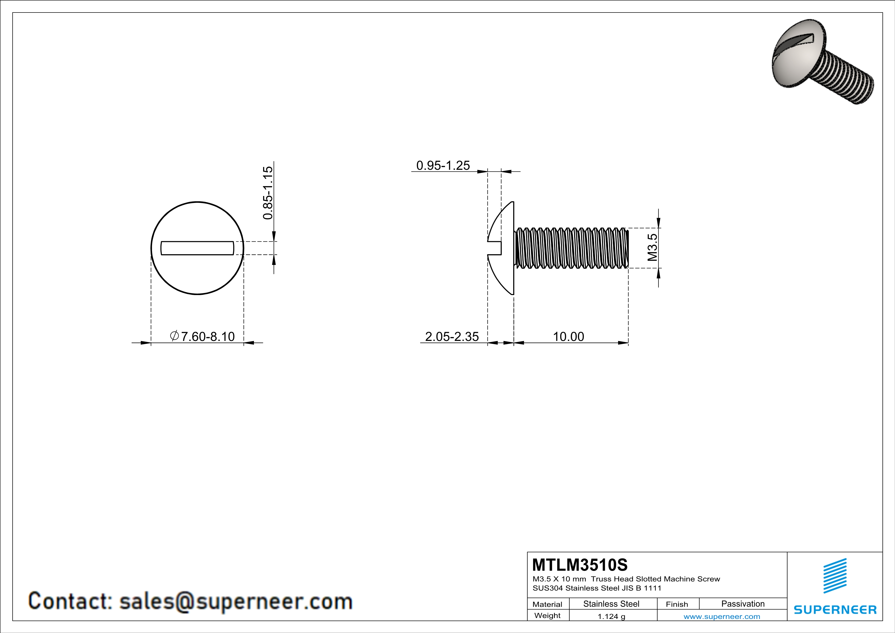 M3.5 x 10 mm  Truss Head Slotted Machine Screw SUS304 Stainless Steel Inox JIS B 1111