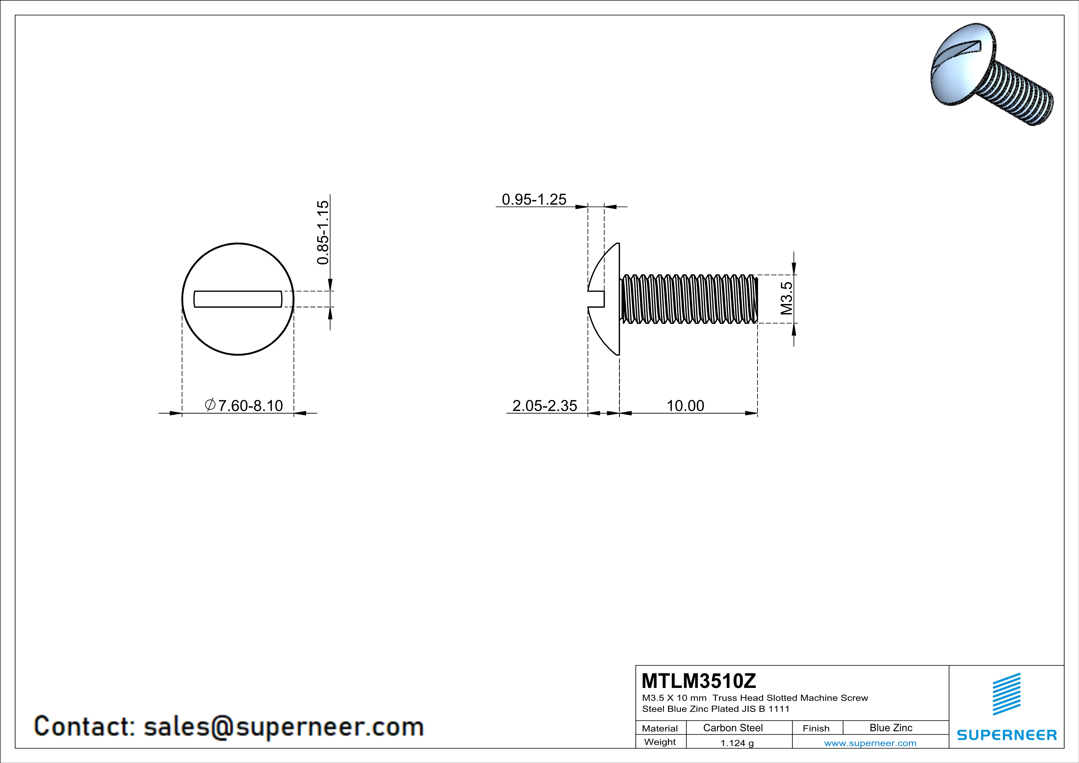 M3.5 x 10 mm Truss Head Slotted Machine Screw Steel Blue Zinc Plated JIS B 1111