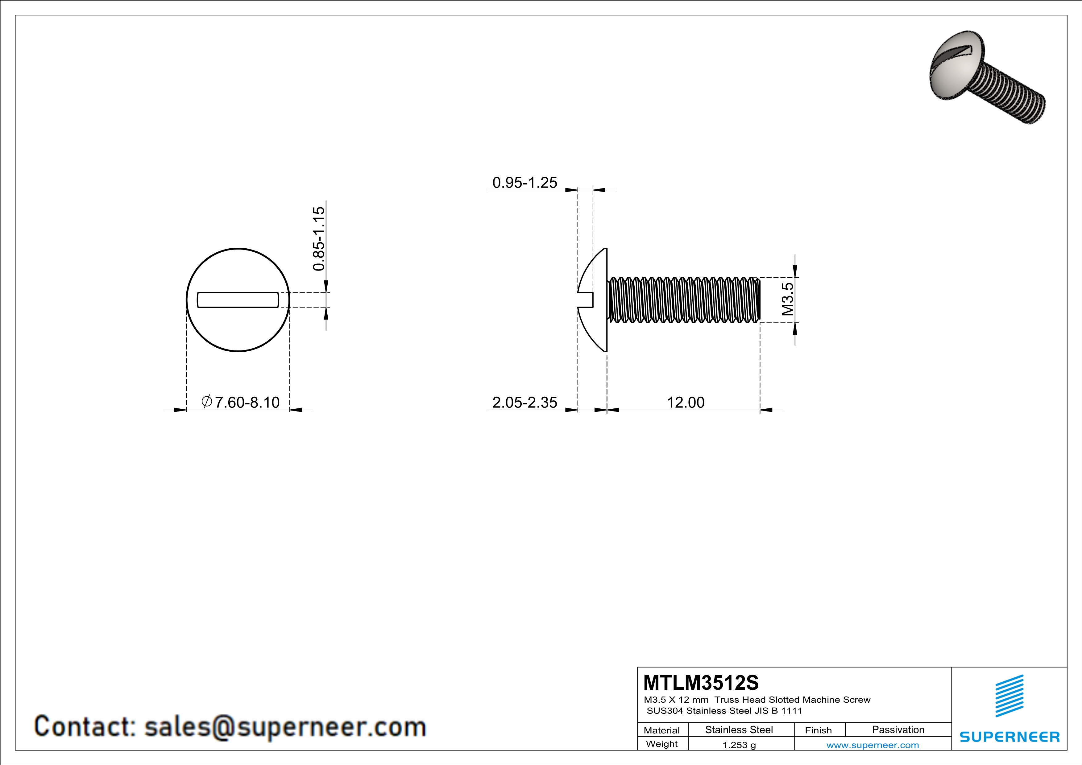 M3.5 x 12 mm  Truss Head Slotted Machine Screw SUS304 Stainless Steel Inox JIS B 1111