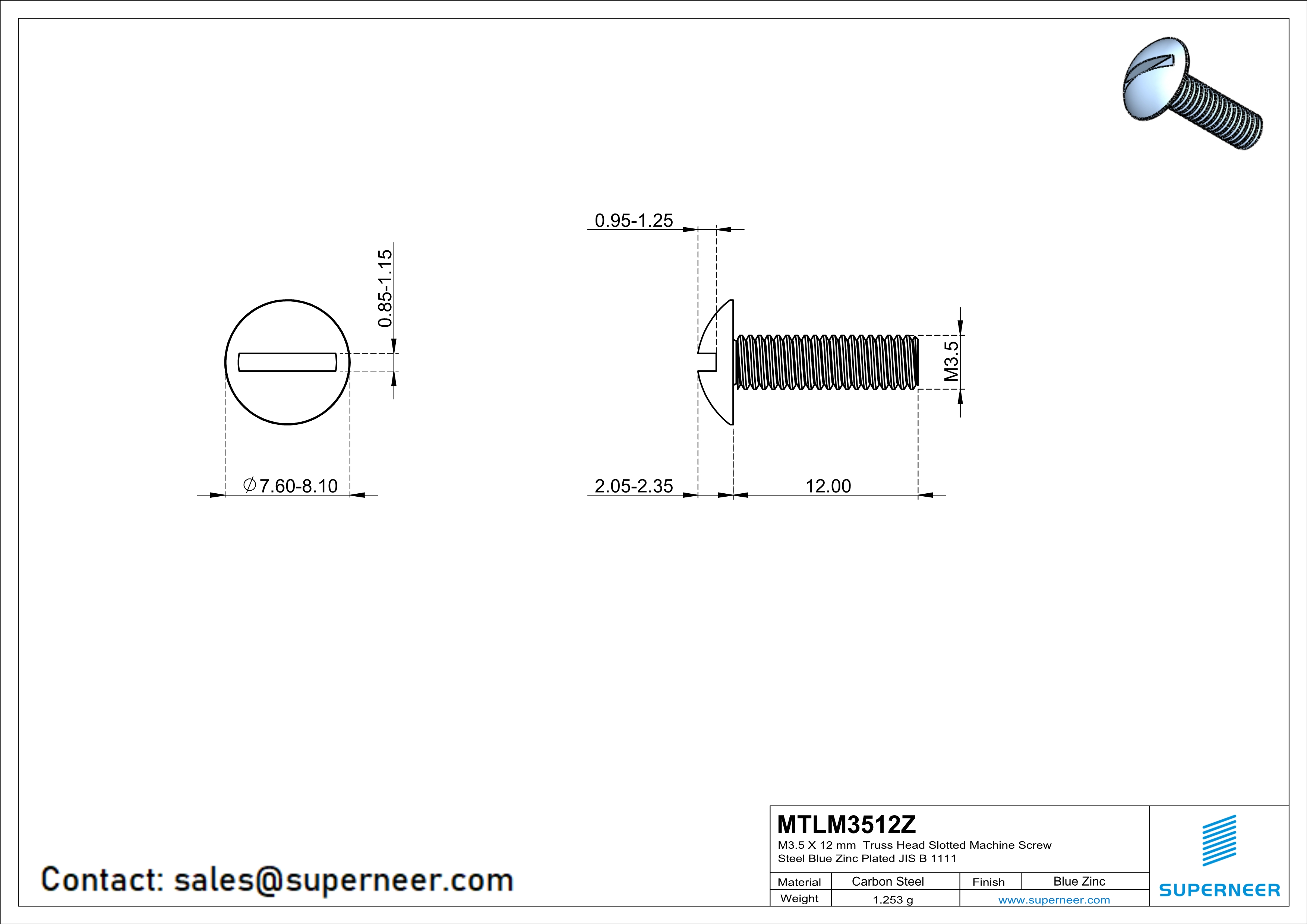 M3.5 x 12 mm Truss Head Slotted Machine Screw Steel Blue Zinc Plated JIS B 1111