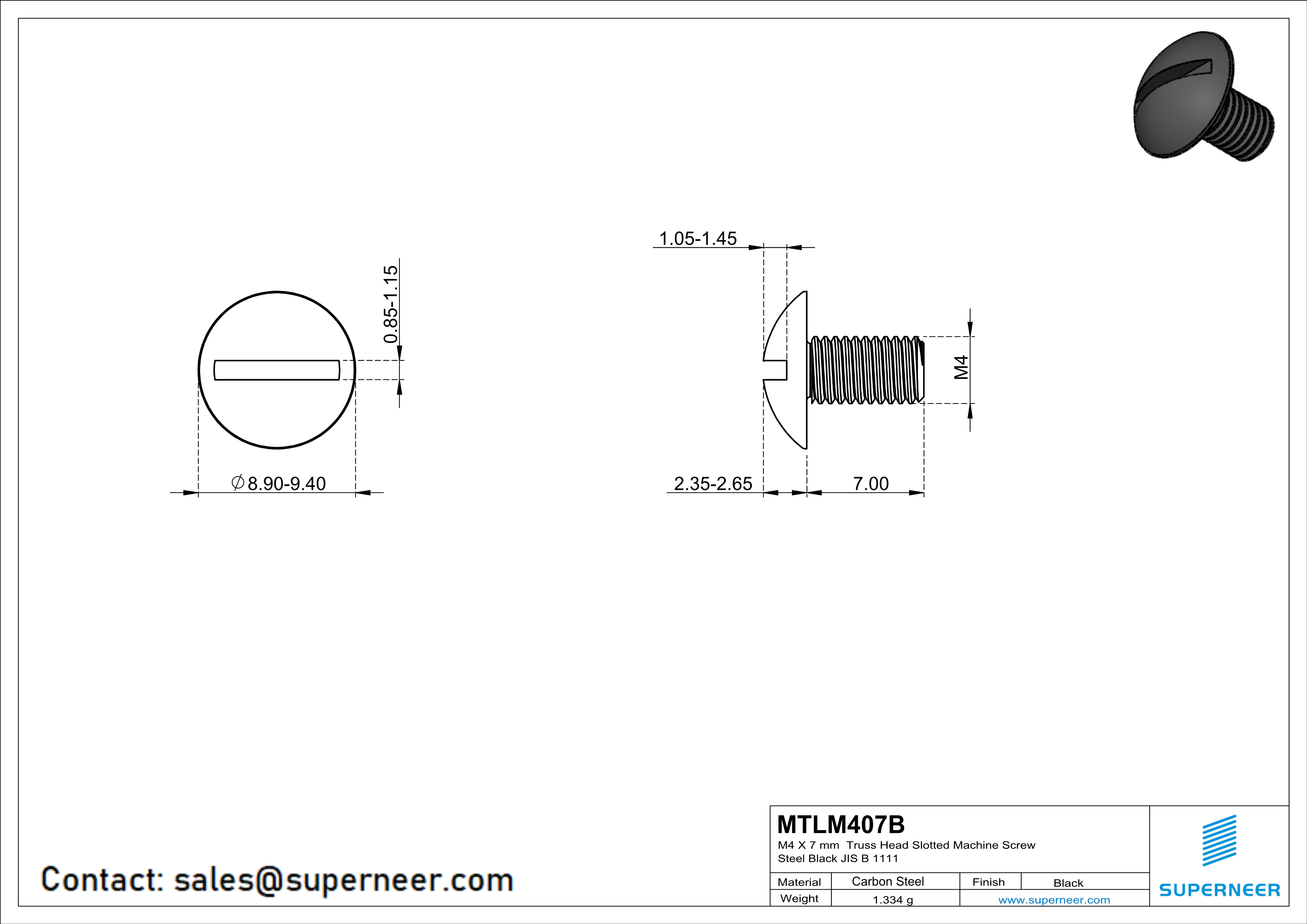 M4 x 7 mm Truss Head Slotted Machine Screw Steel Black JIS B 1111