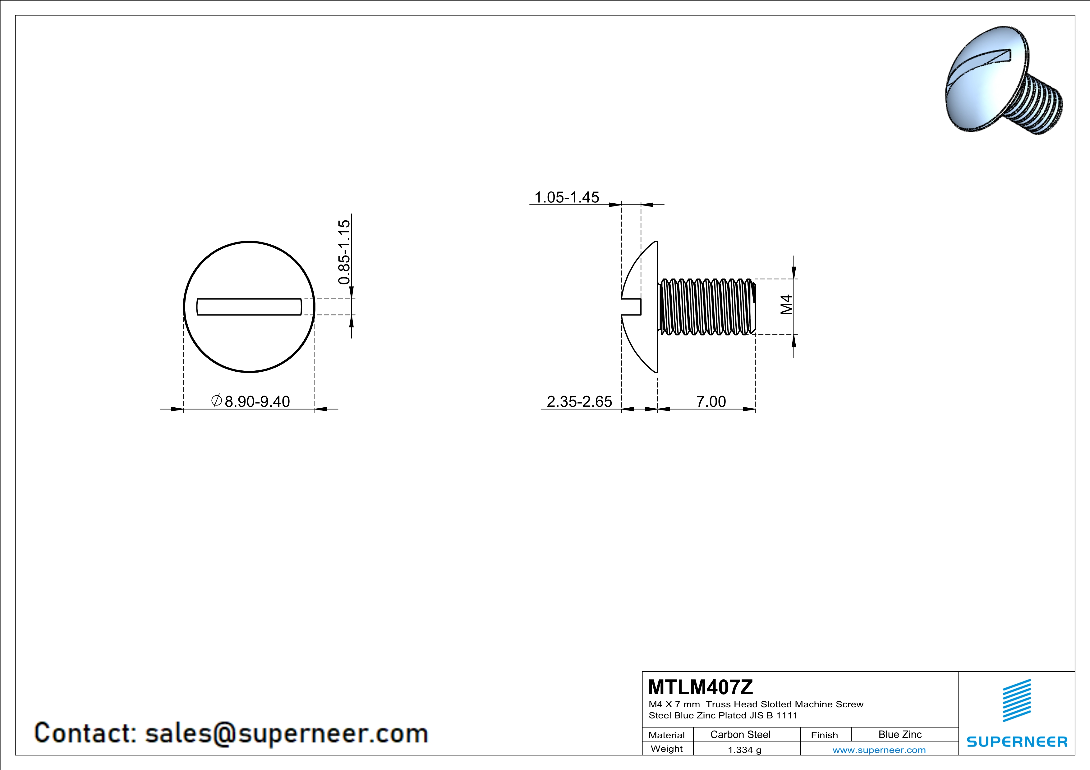 M4 x 7 mm Truss Head Slotted Machine Screw Steel Blue Zinc Plated JIS B 1111