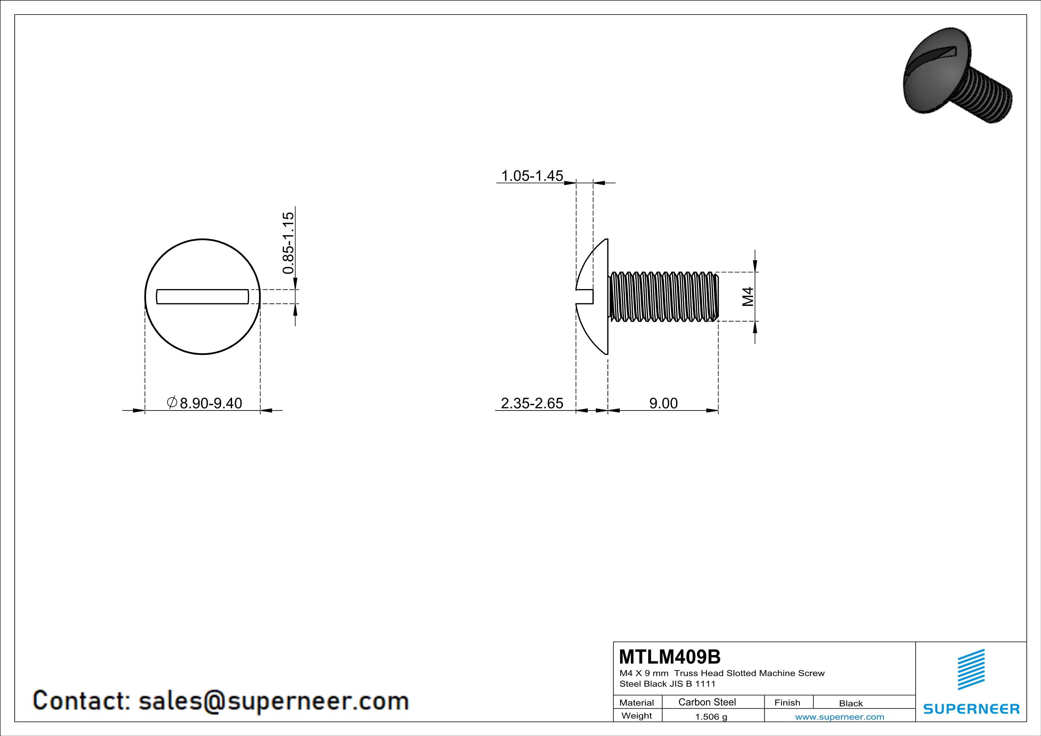 M4 x 9 mm Truss Head Slotted Machine Screw Steel Black JIS B 1111