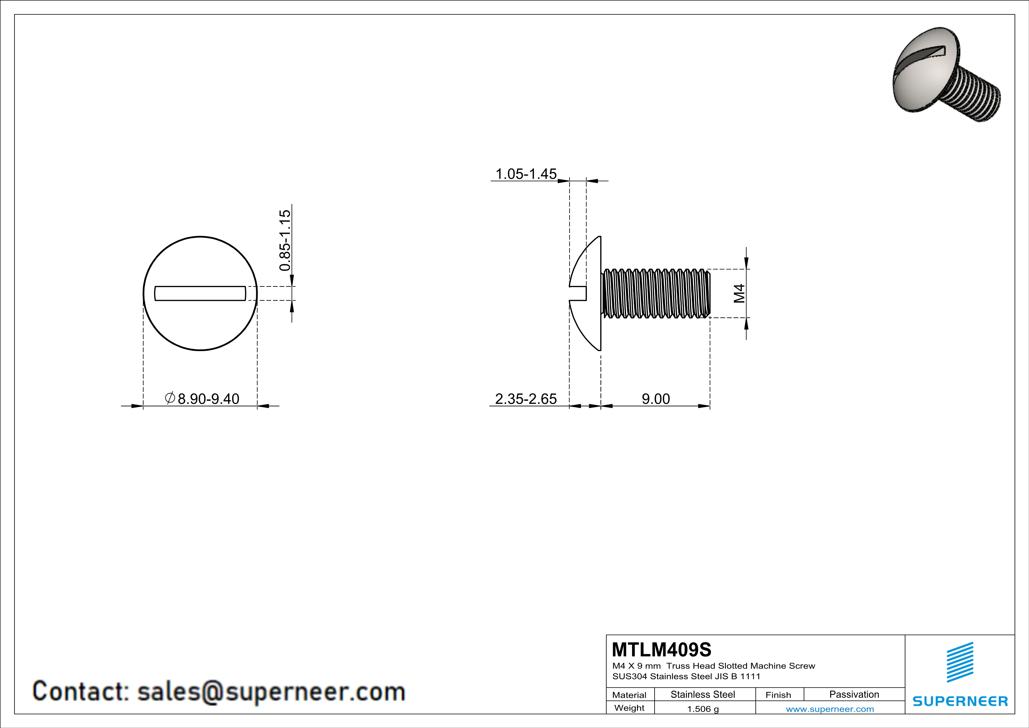 M4 x 9 mm  Truss Head Slotted Machine Screw SUS304 Stainless Steel Inox JIS B 1111