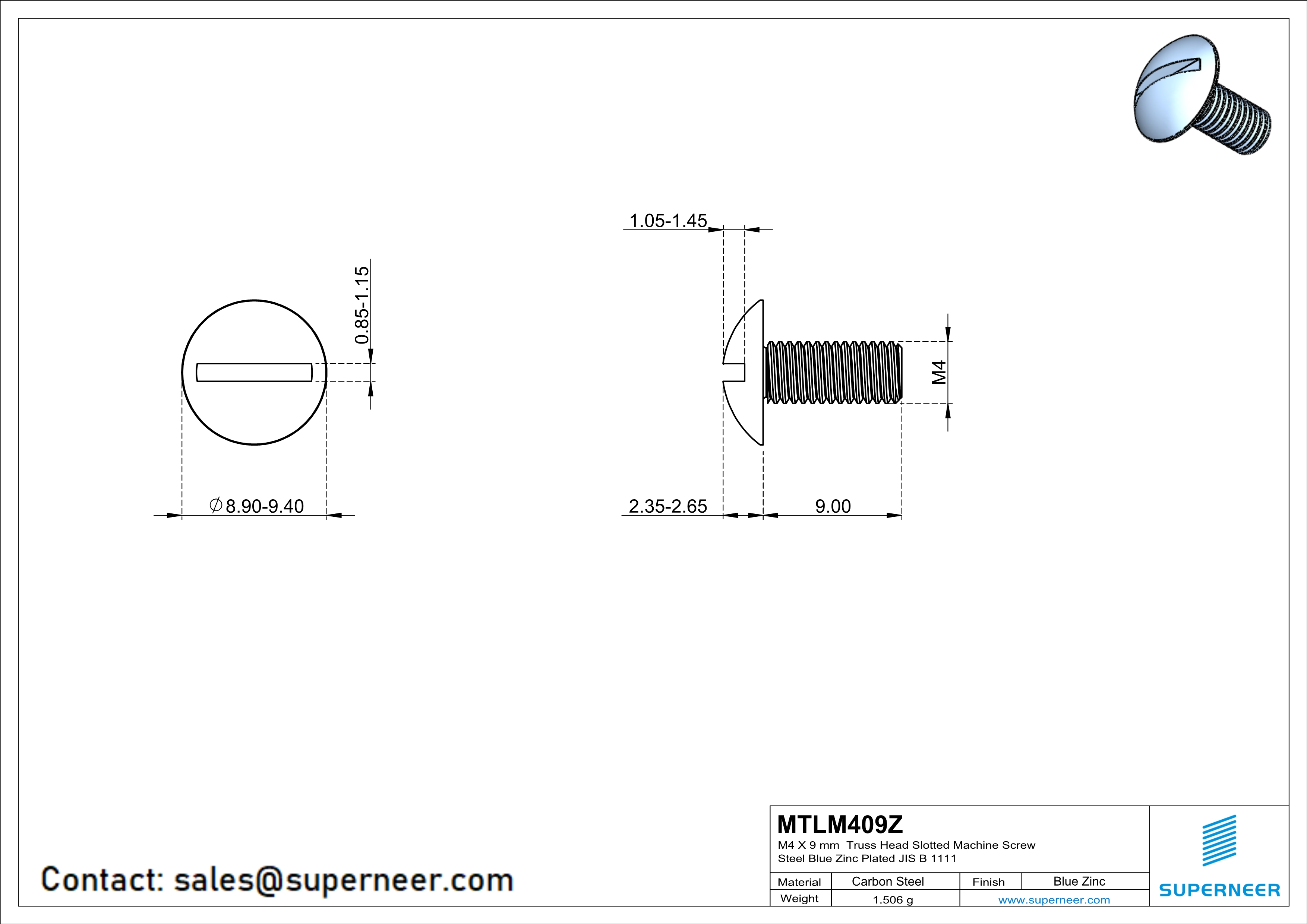 M4 x 9 mm Truss Head Slotted Machine Screw Steel Blue Zinc Plated JIS B 1111