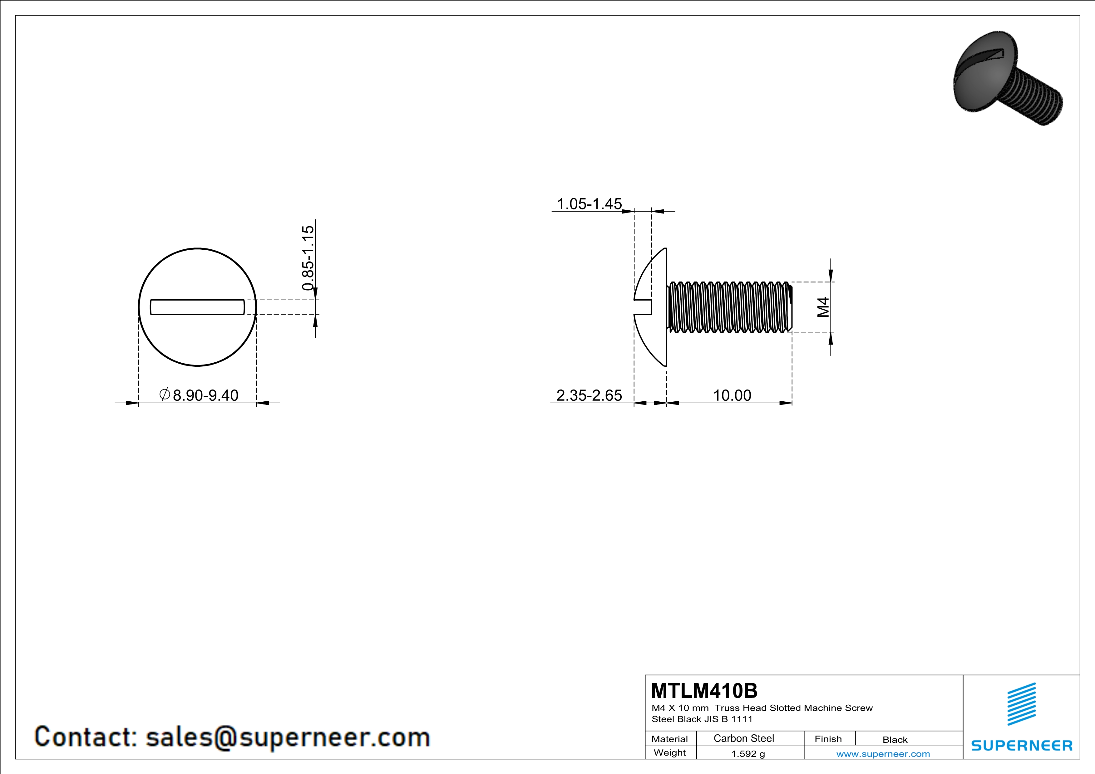 M4 x 10 mm Truss Head Slotted Machine Screw Steel Black JIS B 1111