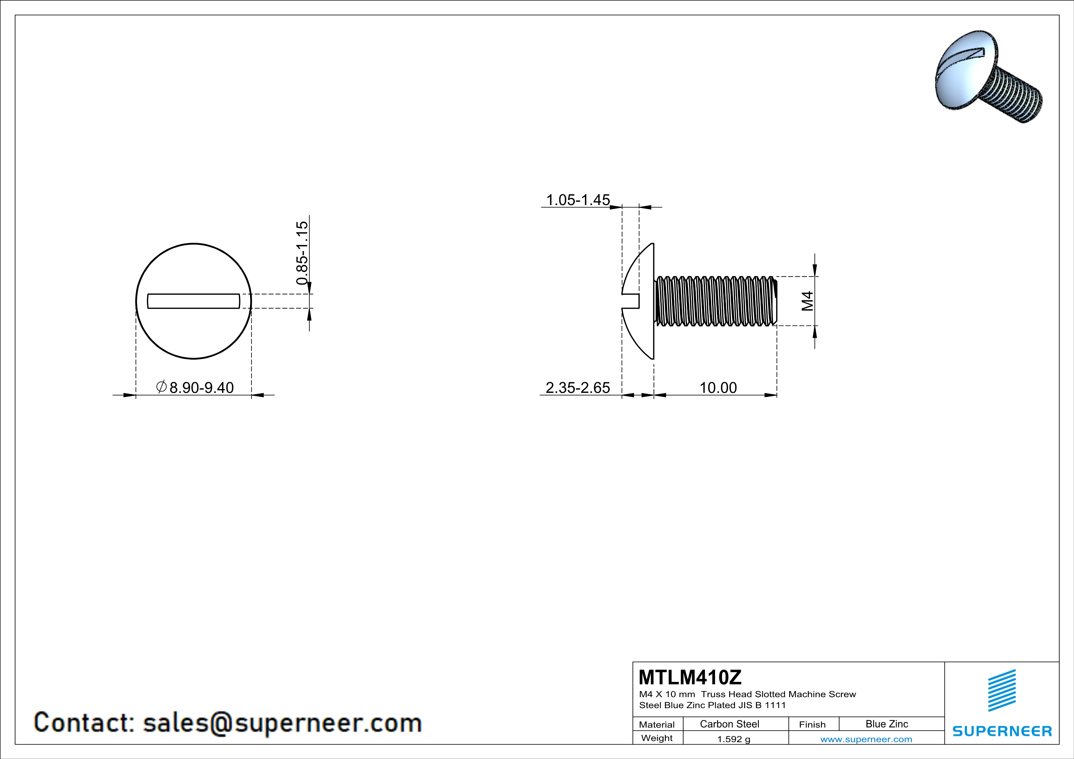 M4 x 10 mm Truss Head Slotted Machine Screw Steel Blue Zinc Plated JIS B 1111