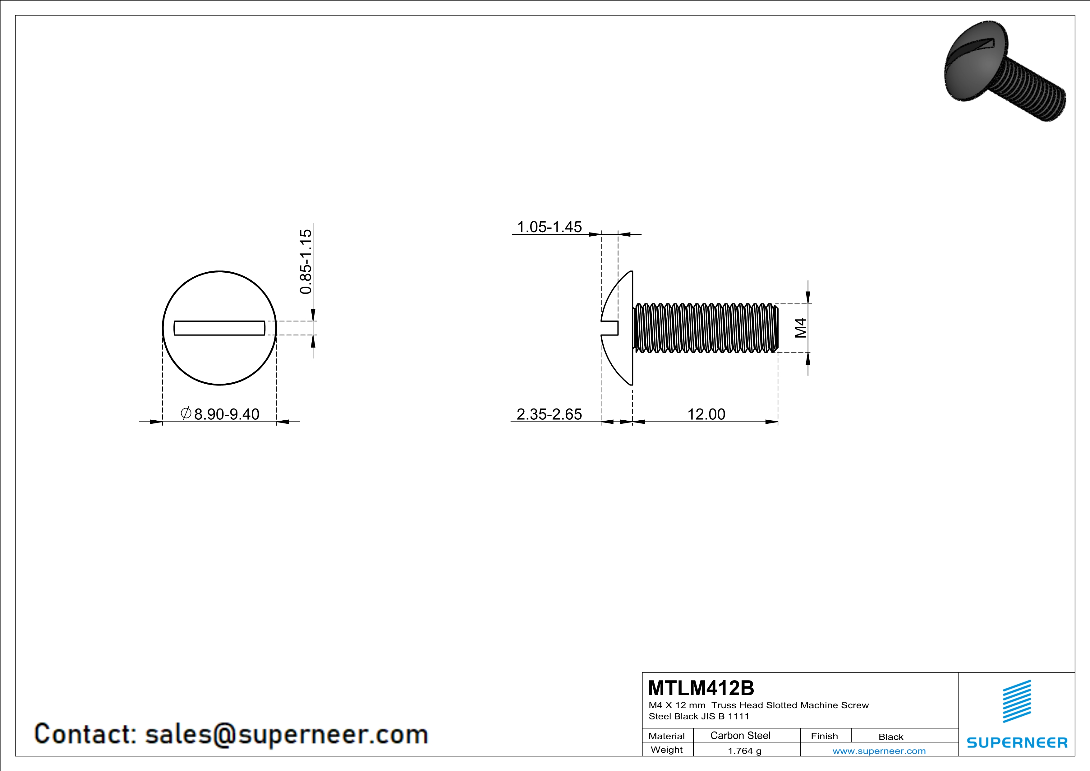 M4 x 12 mm Truss Head Slotted Machine Screw Steel Black JIS B 1111