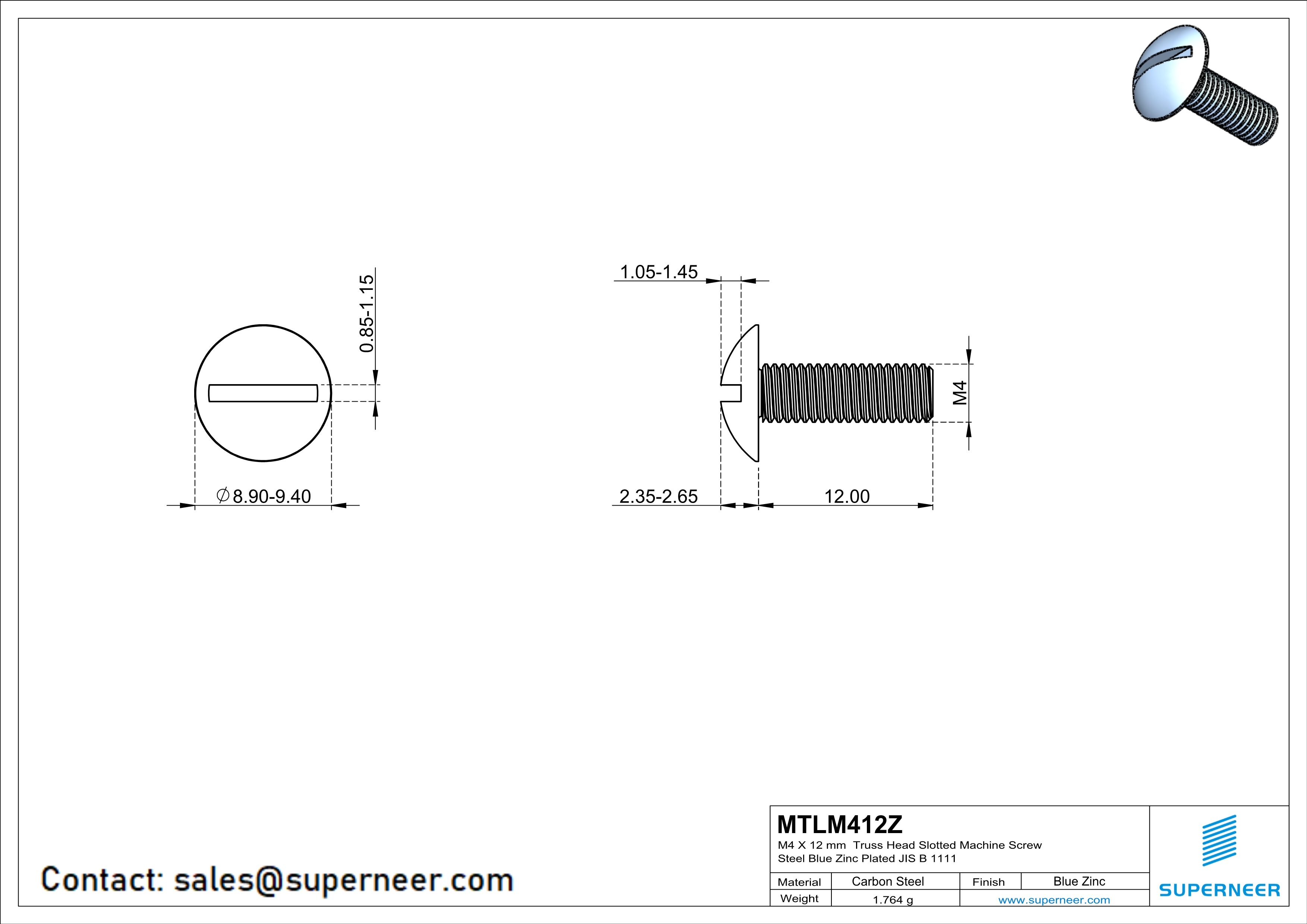 M4 x 12 mm Truss Head Slotted Machine Screw Steel Blue Zinc Plated JIS B 1111