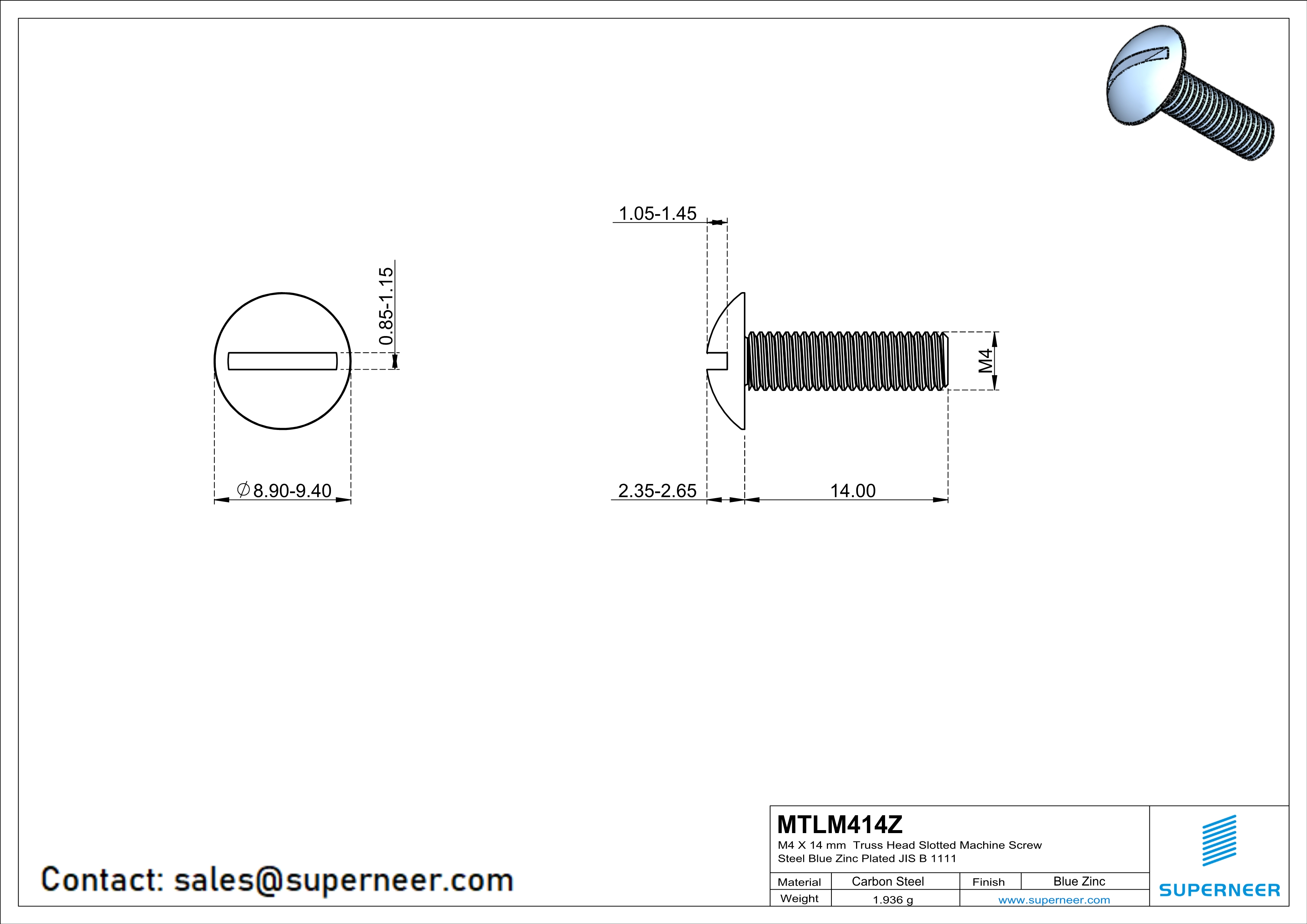 M4 x 14 mm Truss Head Slotted Machine Screw Steel Blue Zinc Plated JIS B 1111