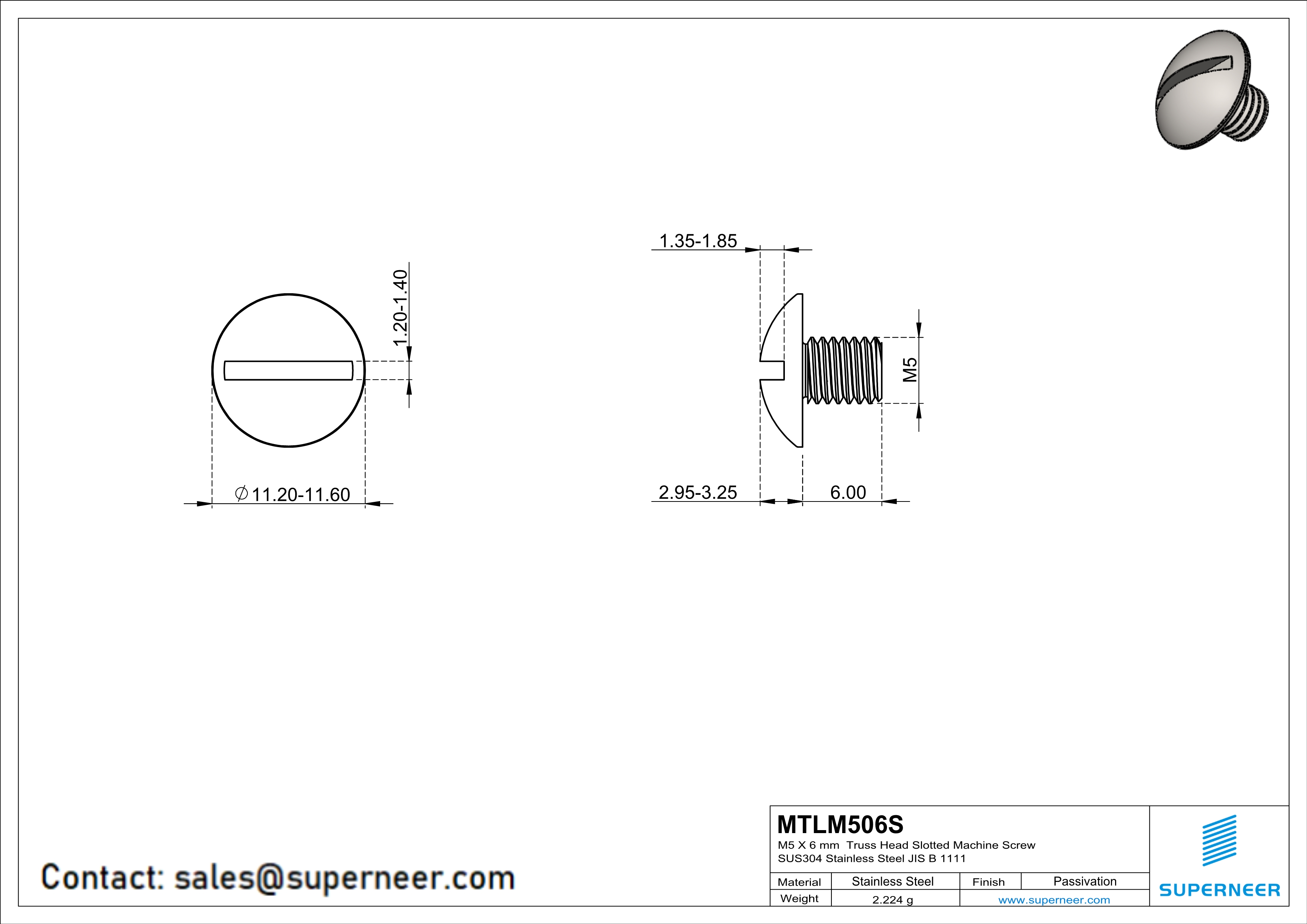 M5 x 6 mm  Truss Head Slotted Machine Screw SUS304 Stainless Steel Inox JIS B 1111