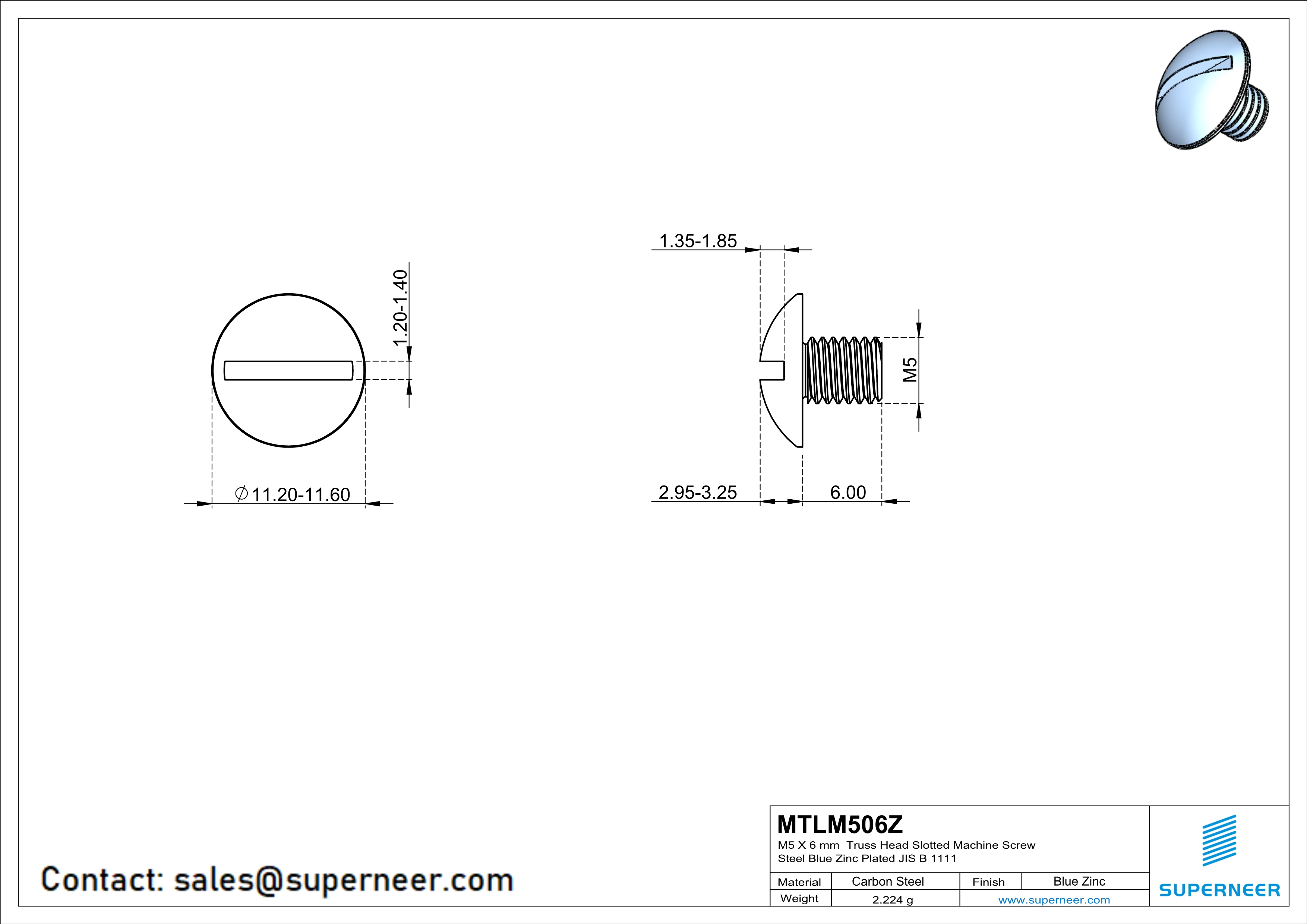M5 x 6 mm Truss Head Slotted Machine Screw Steel Blue Zinc Plated JIS B 1111