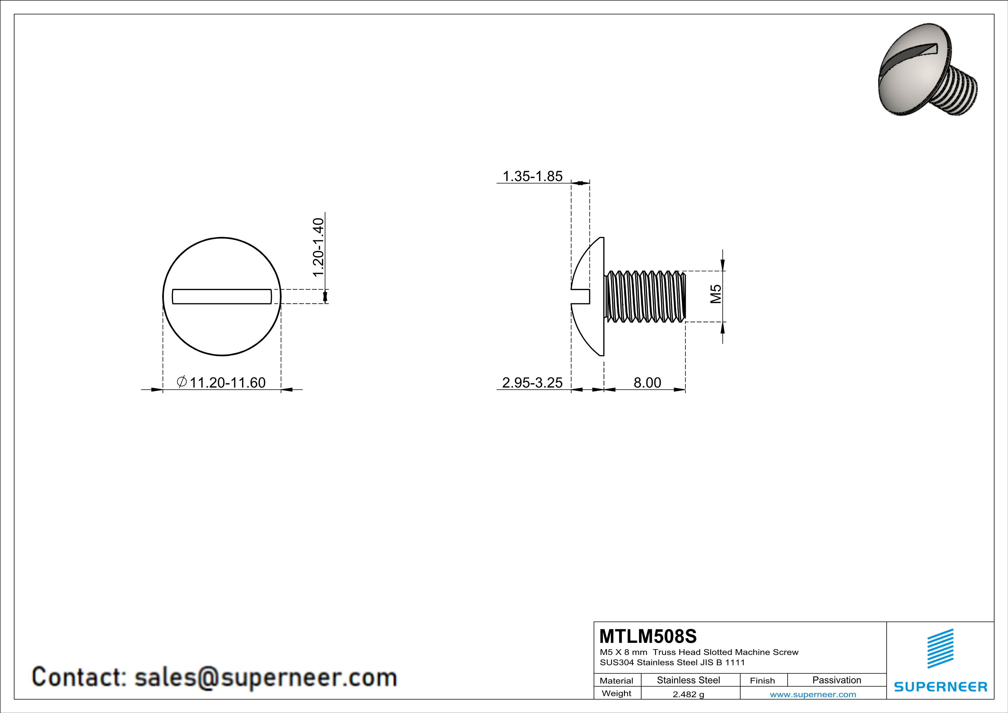 M5 x 8 mm  Truss Head Slotted Machine Screw SUS304 Stainless Steel Inox JIS B 1111