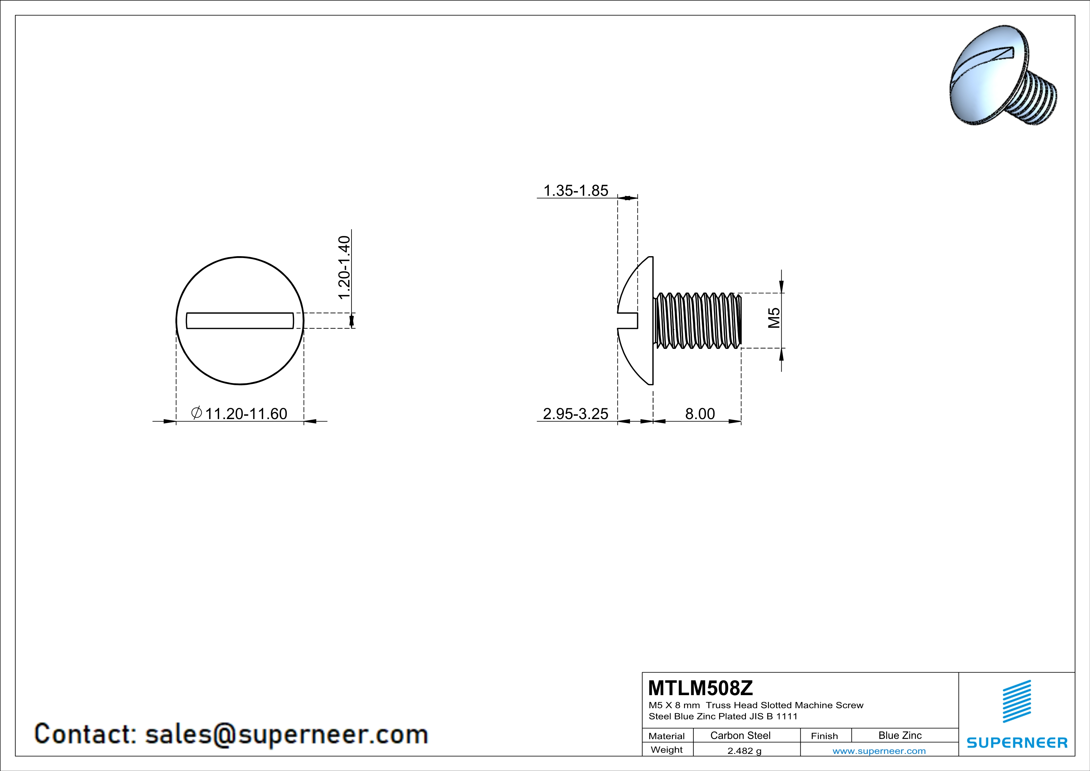 M5 x 8 mm Truss Head Slotted Machine Screw Steel Blue Zinc Plated JIS B 1111