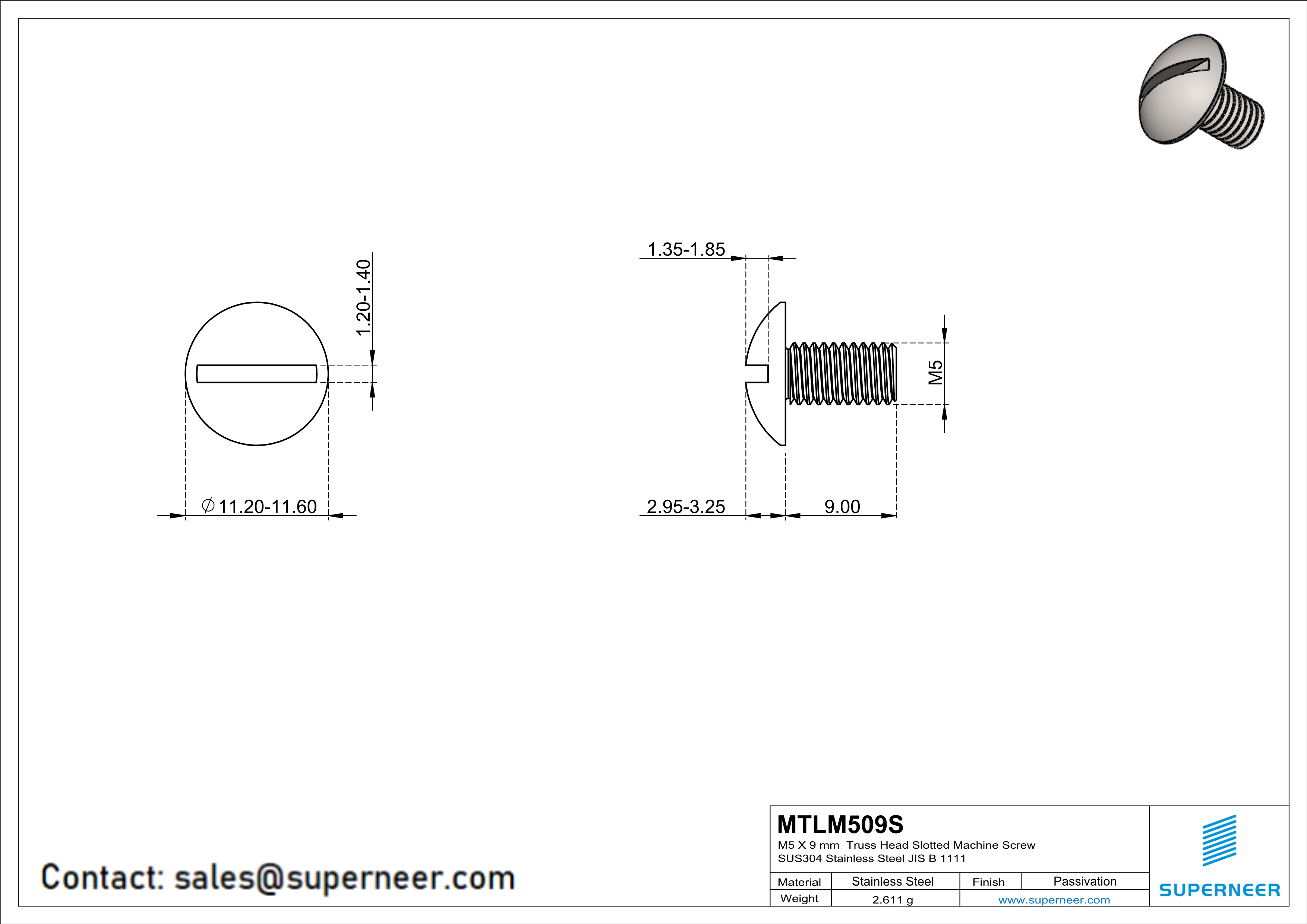 M5 x 9 mm  Truss Head Slotted Machine Screw SUS304 Stainless Steel Inox JIS B 1111