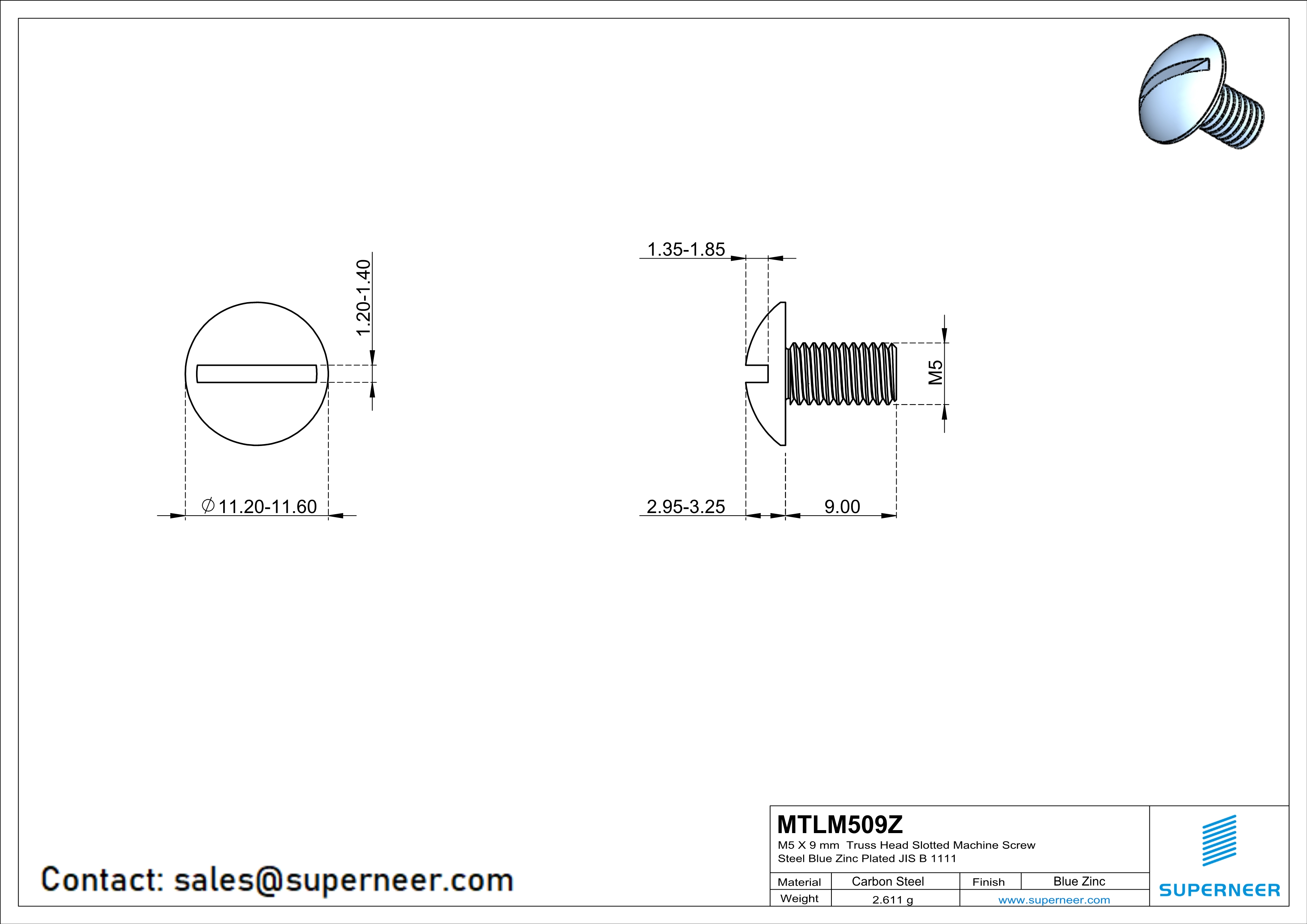 M5 x 9 mm Truss Head Slotted Machine Screw Steel Blue Zinc Plated JIS B 1111