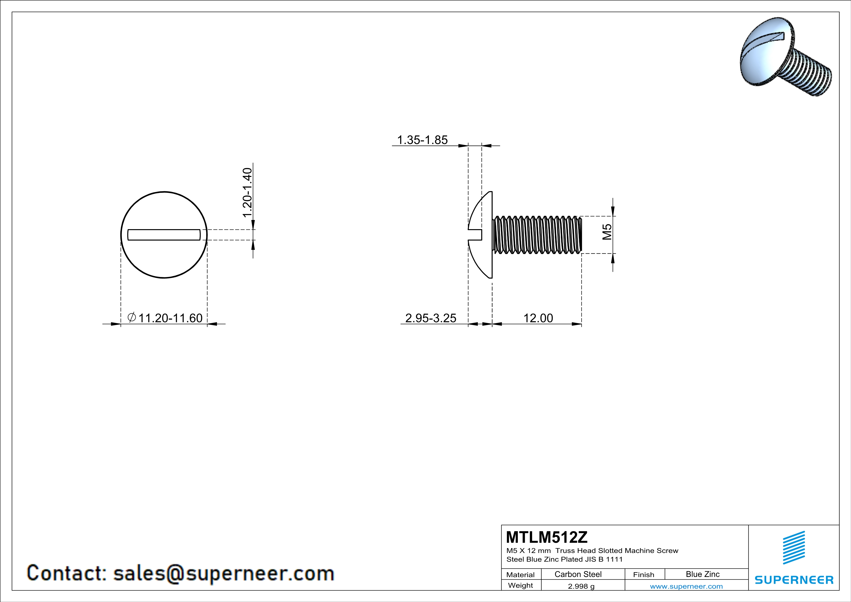 M5 x 12 mm Truss Head Slotted Machine Screw Steel Blue Zinc Plated JIS B 1111