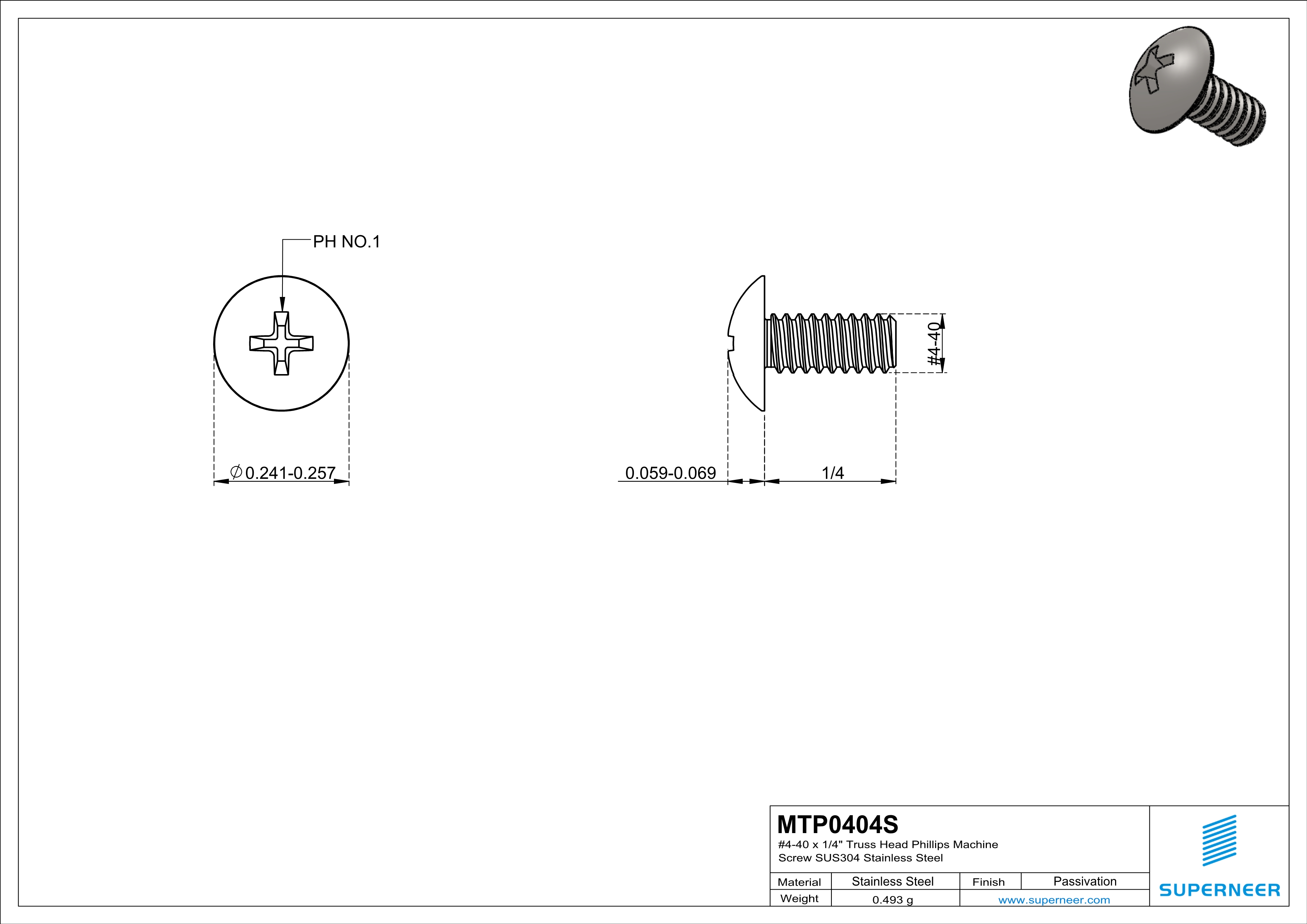 4-40 x 1/4" Truss Head Phillips Machine Screw SUS304 Stainless Steel Inox