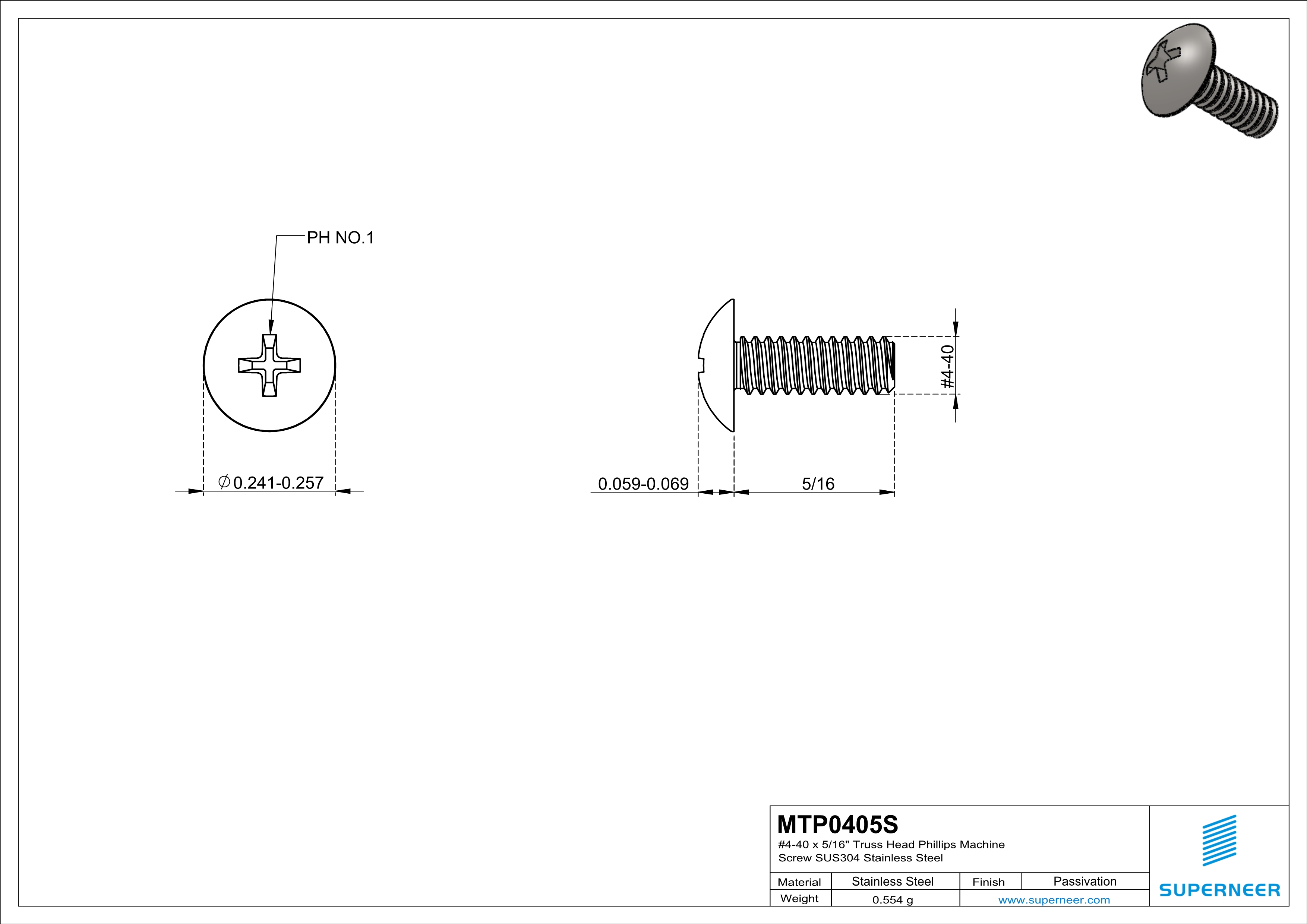 4-40 x 5/16" Truss Head Phillips Machine Screw SUS304 Stainless Steel Inox