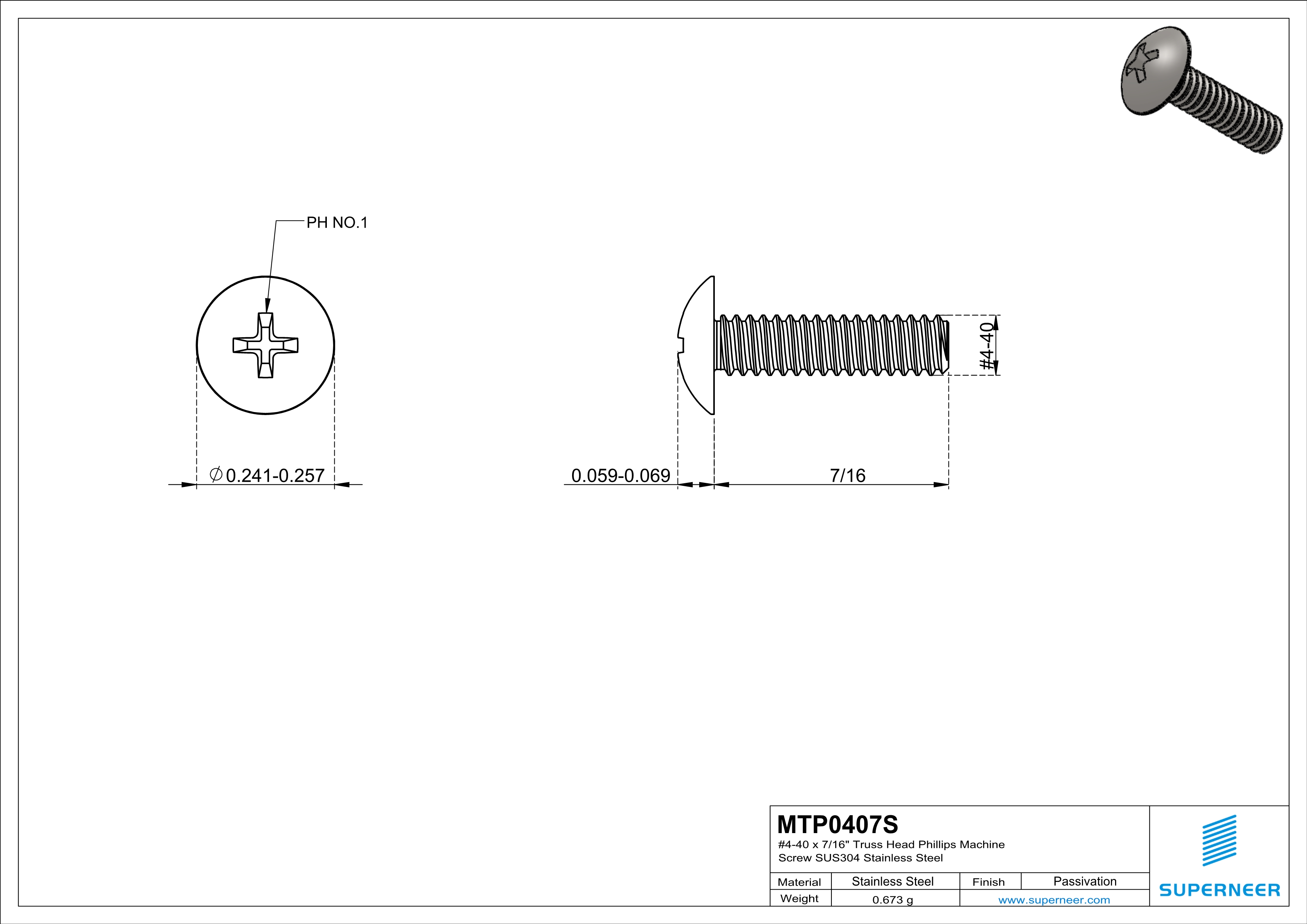 4-40 x 7/16"  Truss Head Phillips Machine Screw SUS304 Stainless Steel Inox