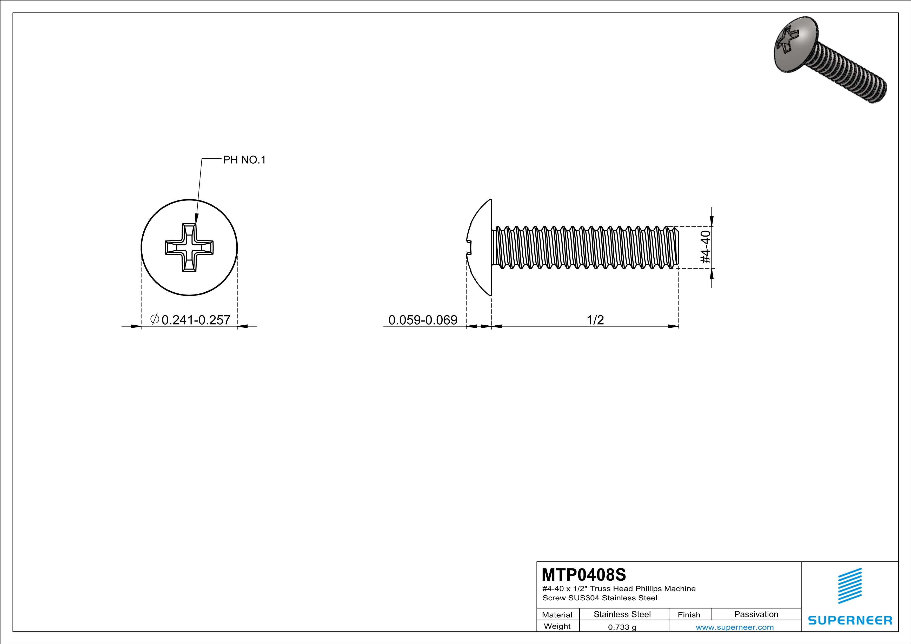 4-40 x 1/2" Truss Head Phillips Machine Screw SUS304 Stainless Steel Inox