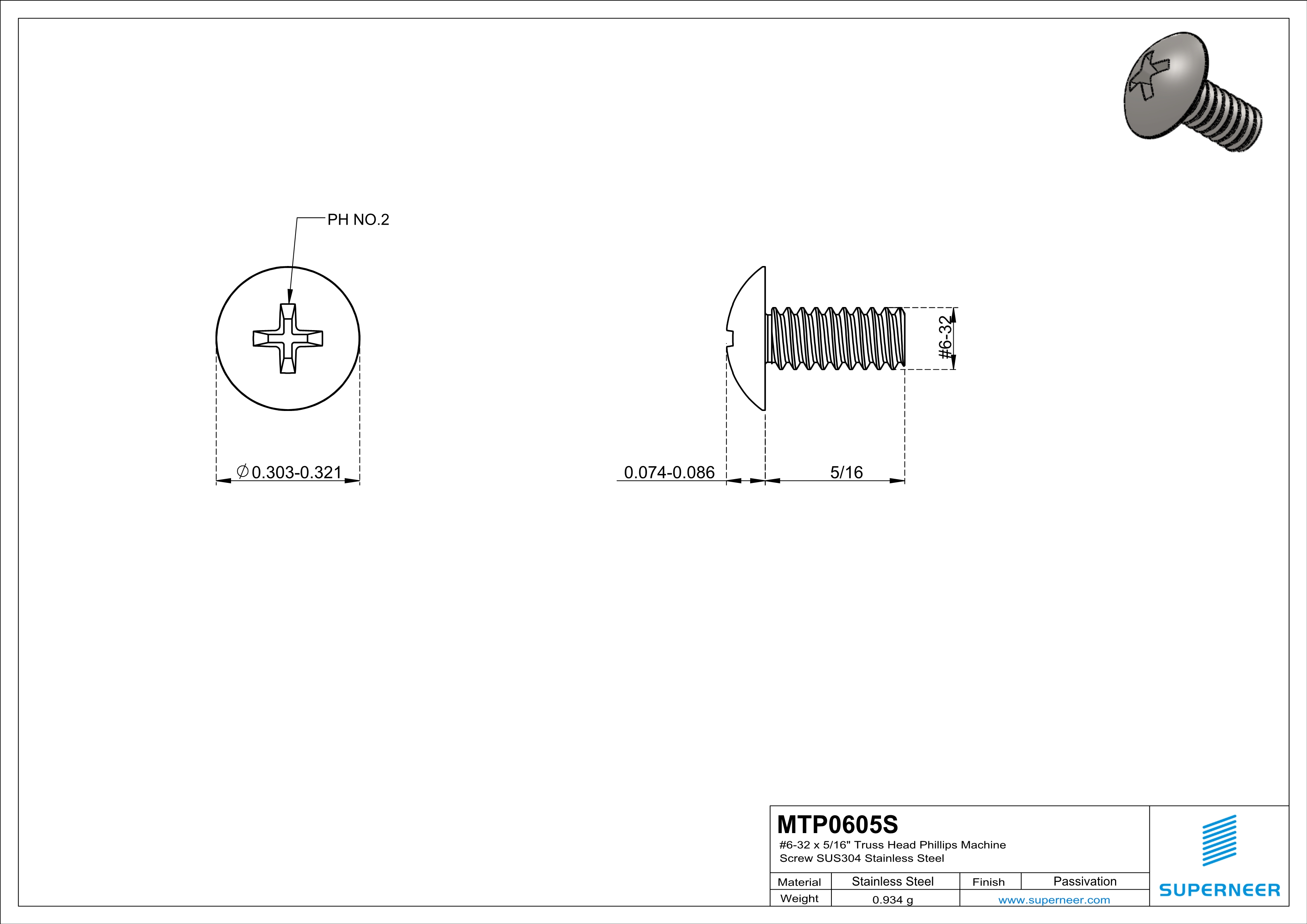 6-32 x 5/16" Truss Head Phillips Machine Screw SUS304 Stainless Steel Inox