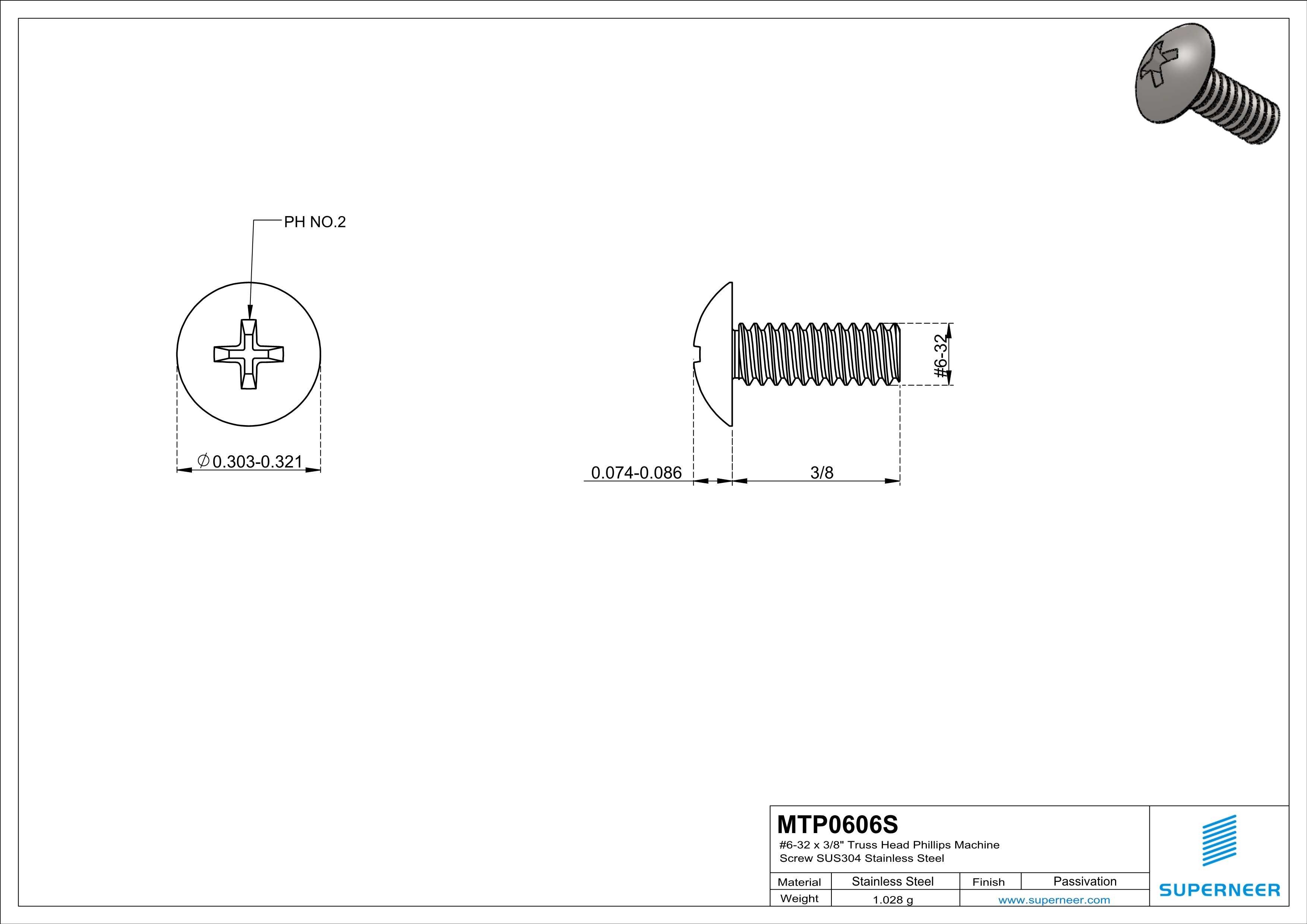 6-32 x 3/8" Truss Head Phillips Machine Screw SUS304 Stainless Steel Inox