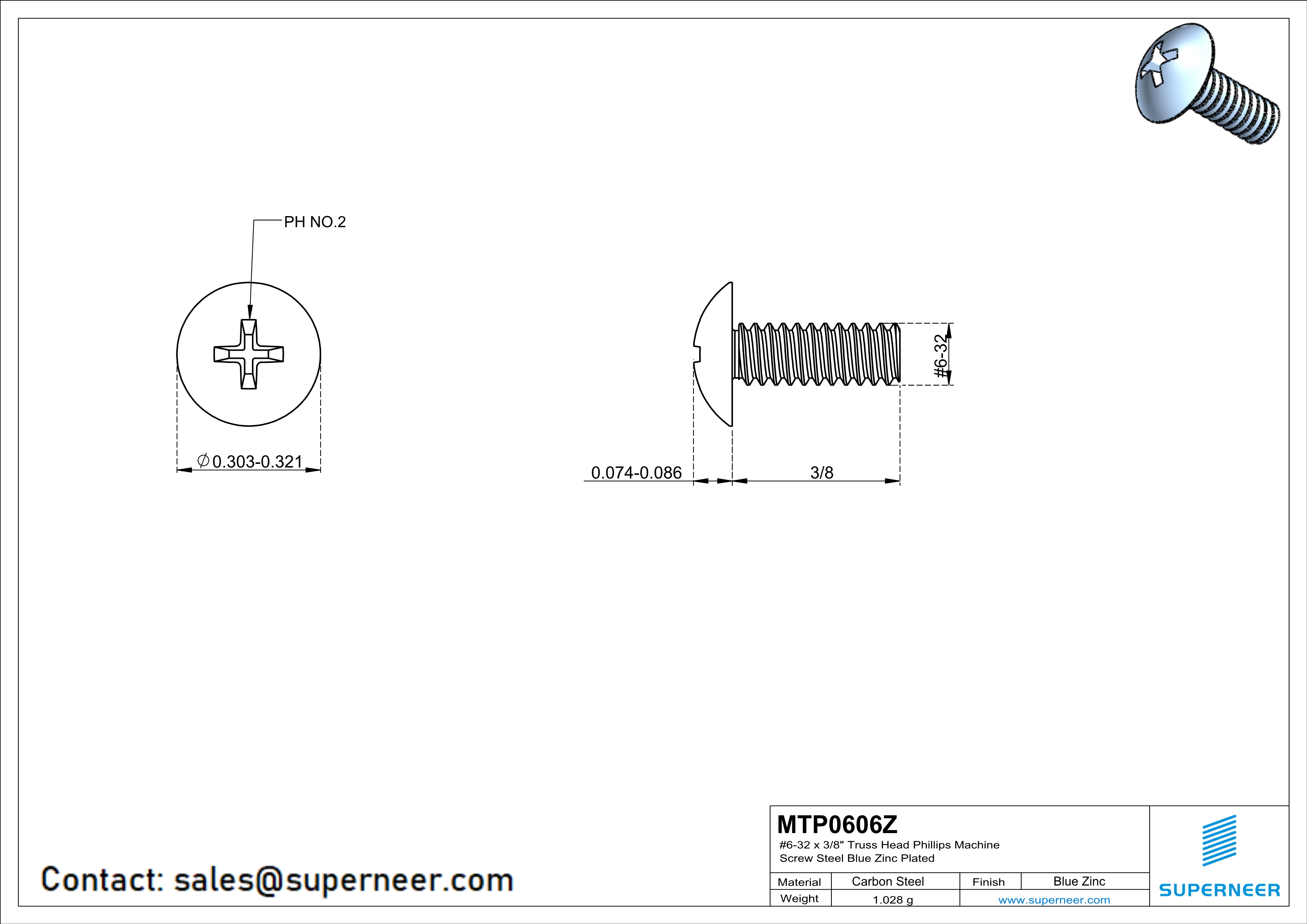 6-32 x 3/8" Truss Head Phillips Machine Screw Steel Blue Zinc Plated